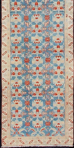 Antique Persian Malayer Runner in Sky Blue with Repeating Geometric Motifs