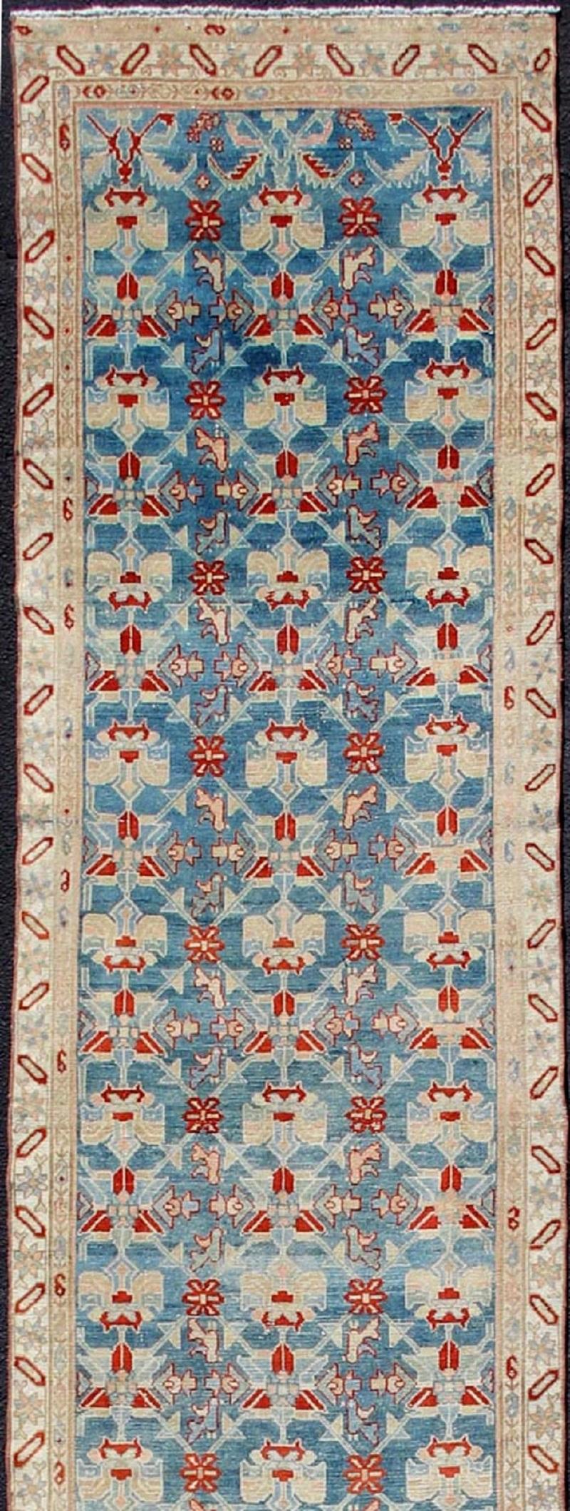 Hand-Knotted Long Antique Persian Malayer Runner with Repeating Design in Blue, Red, Nude For Sale