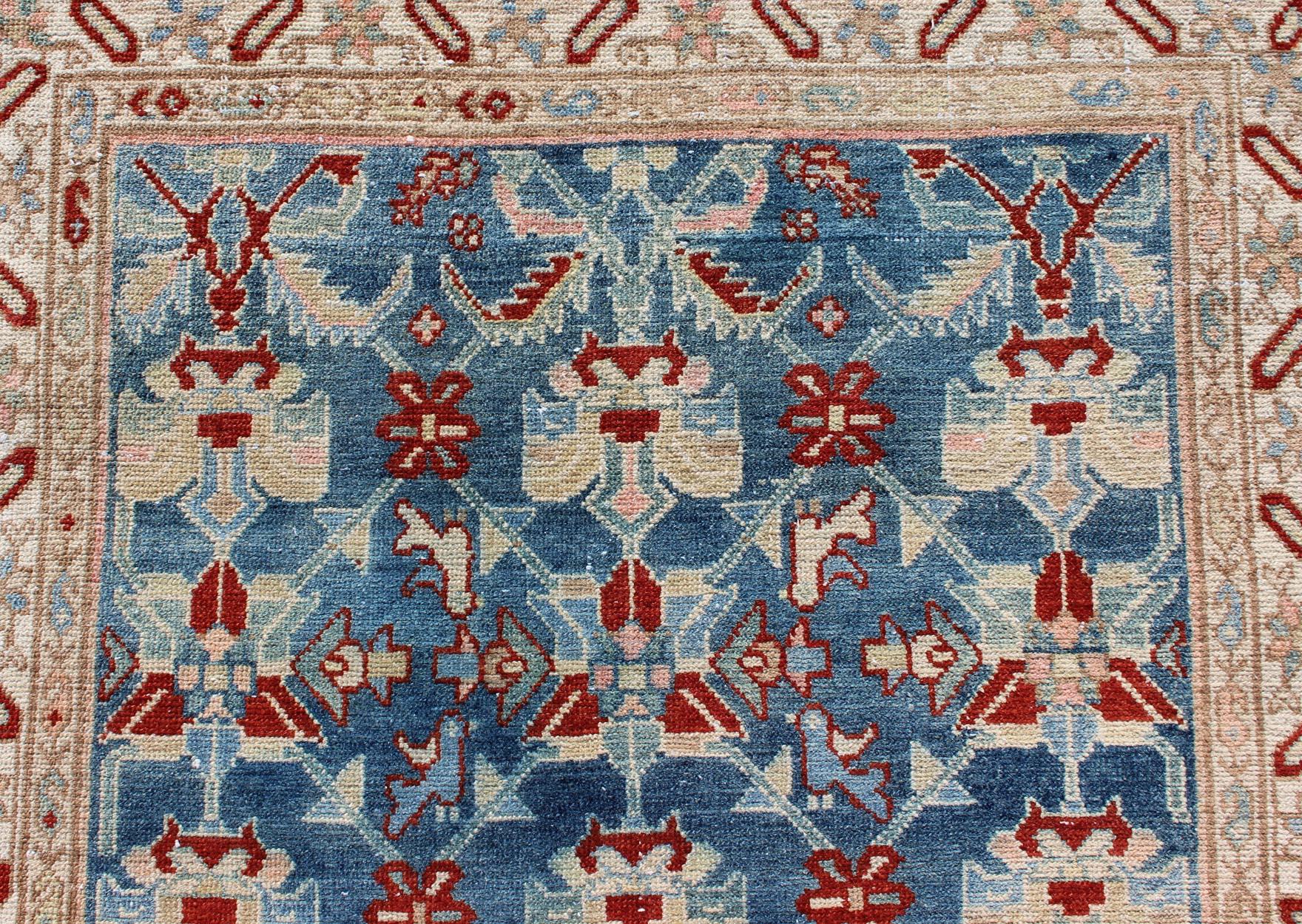Long Antique Persian Malayer Runner with Repeating Design in Blue, Red, Nude For Sale 2