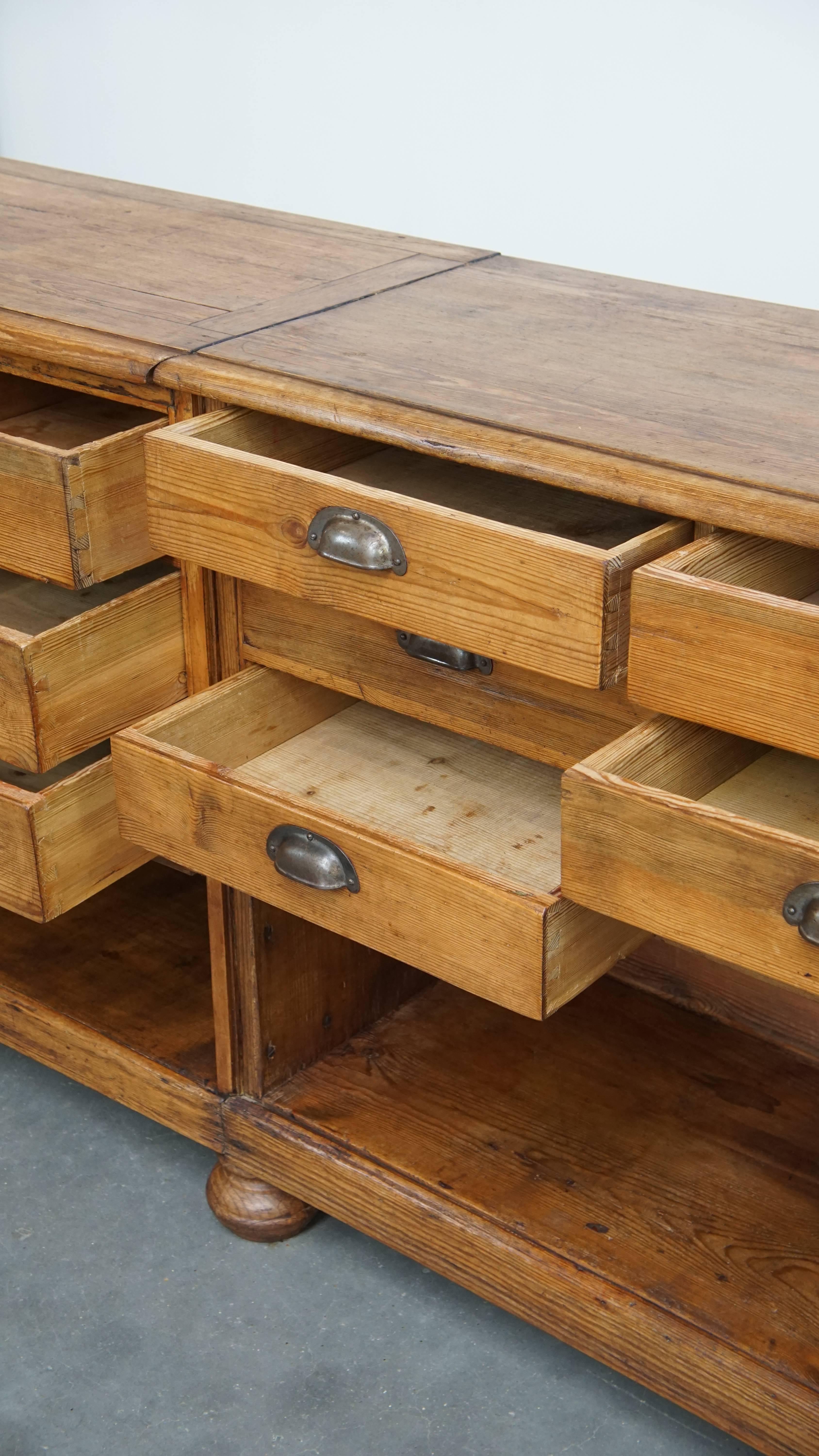 Long Antique Pine Wood Counter / Sideboard with 16 Drawers For Sale 4