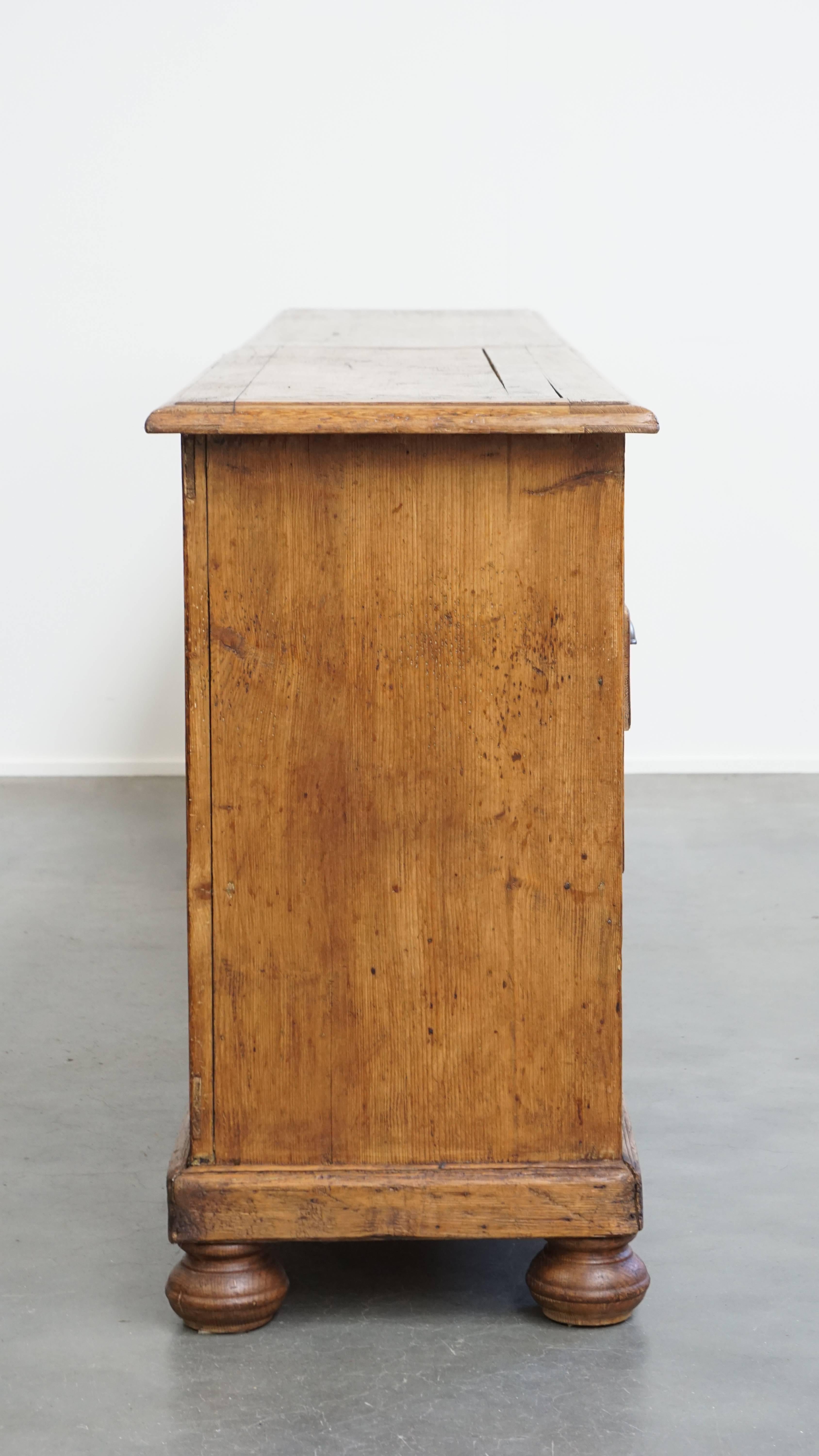 Classical Roman Long Antique Pine Wood Counter / Sideboard with 16 Drawers For Sale