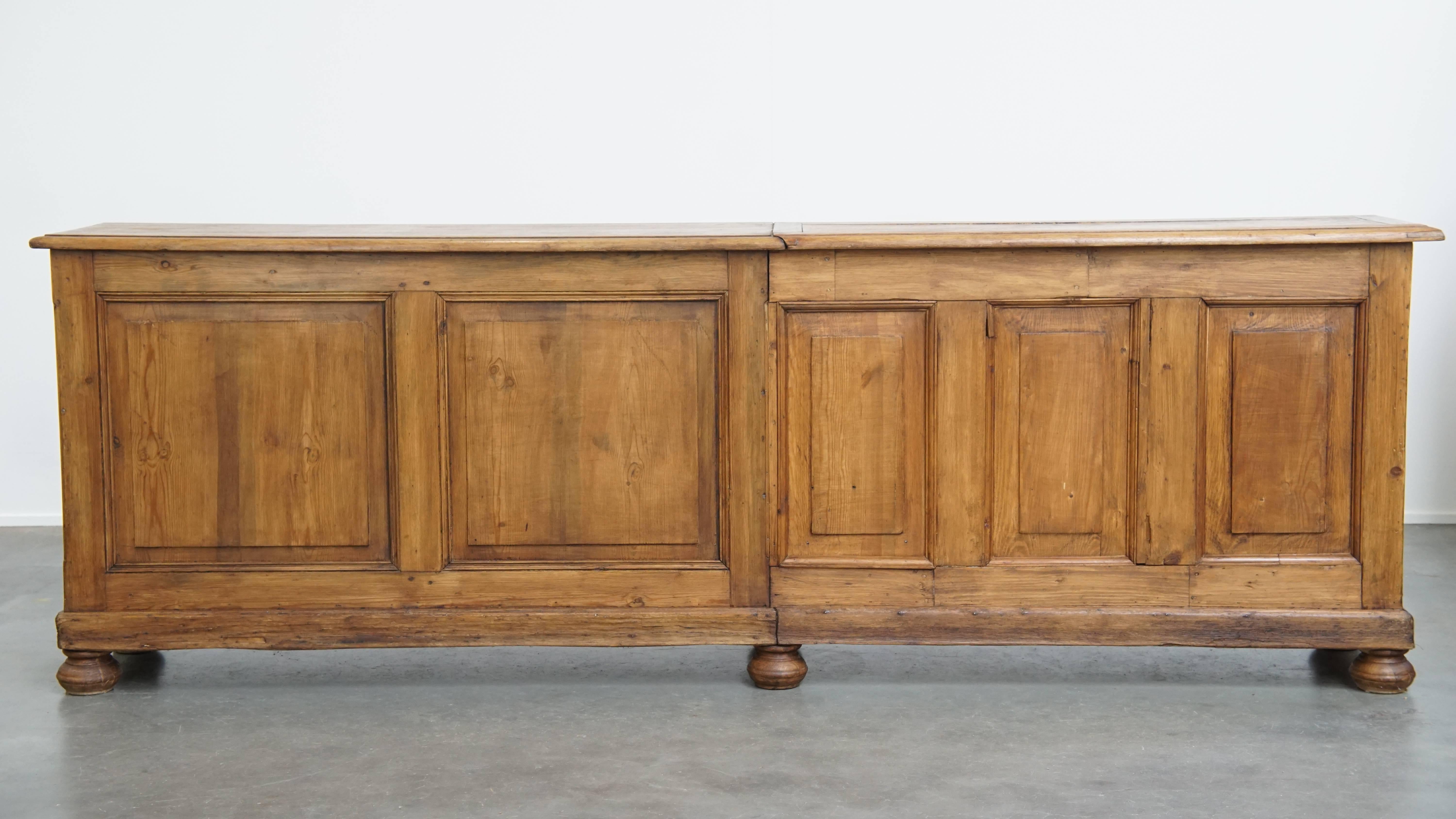Hand-Crafted Long Antique Pine Wood Counter / Sideboard with 16 Drawers For Sale