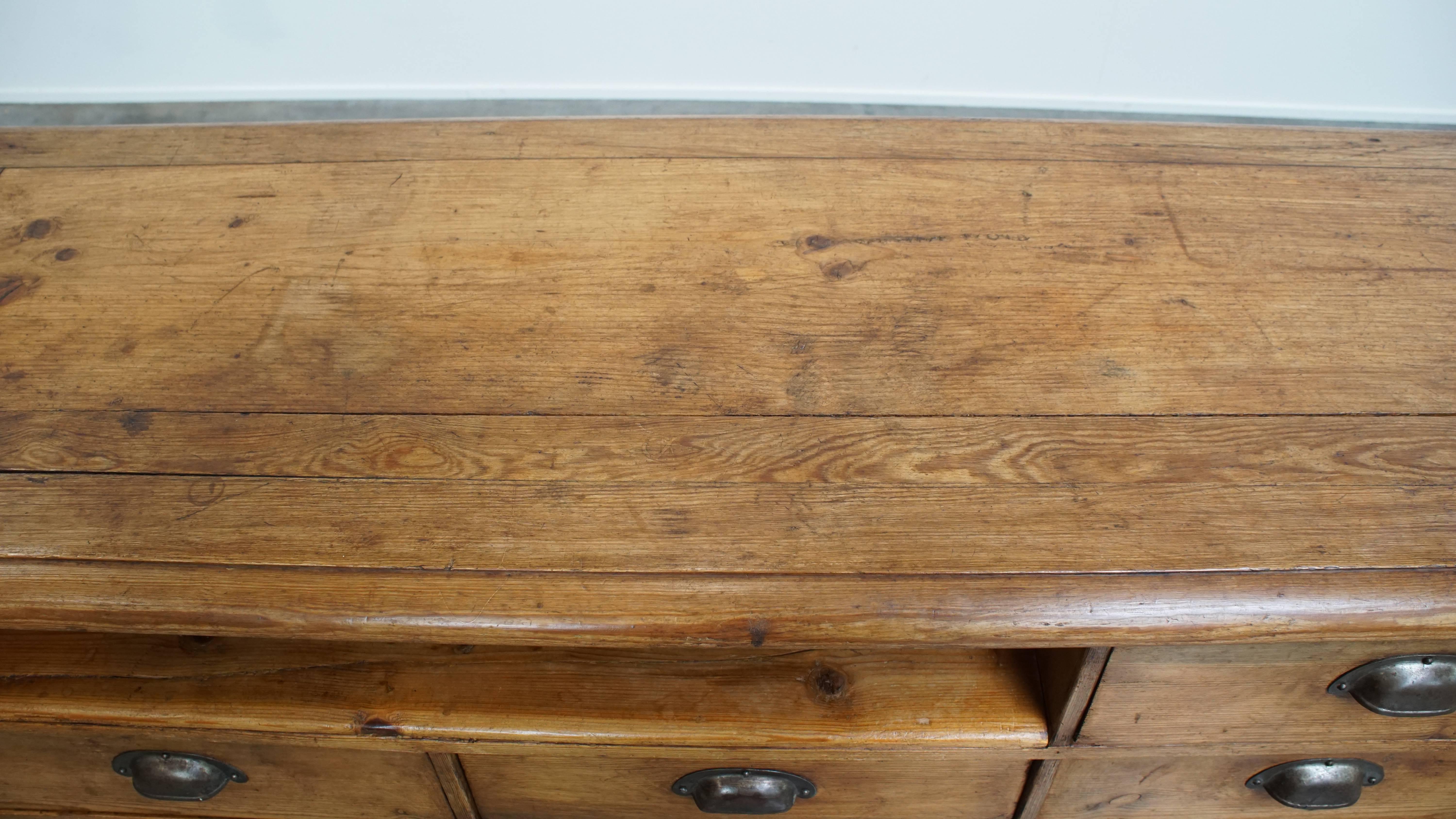 19th Century Long Antique Pine Wood Counter / Sideboard with 16 Drawers For Sale