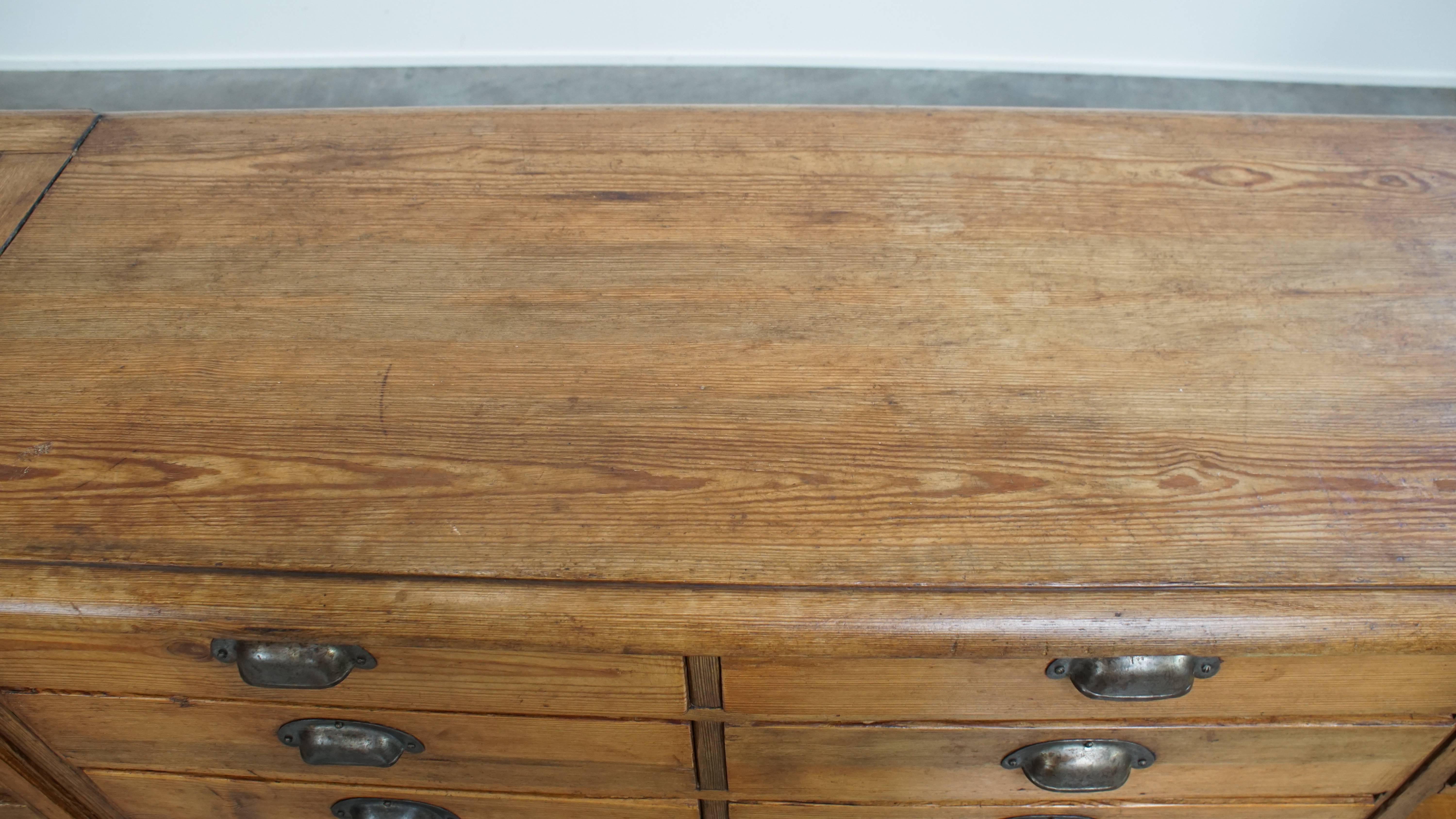 Long Antique Pine Wood Counter / Sideboard with 16 Drawers For Sale 1