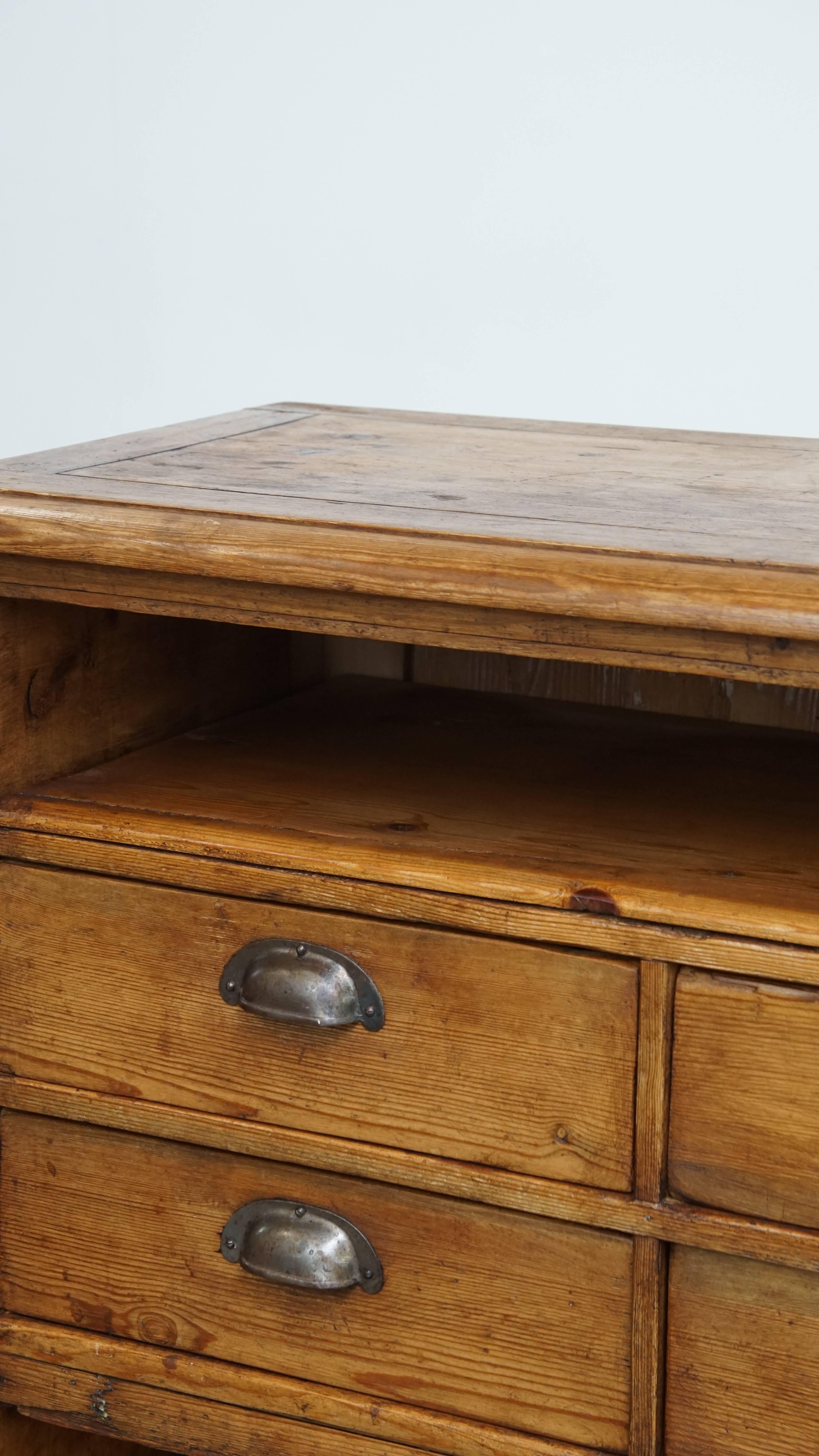 Long Antique Pine Wood Counter / Sideboard with 16 Drawers For Sale 2