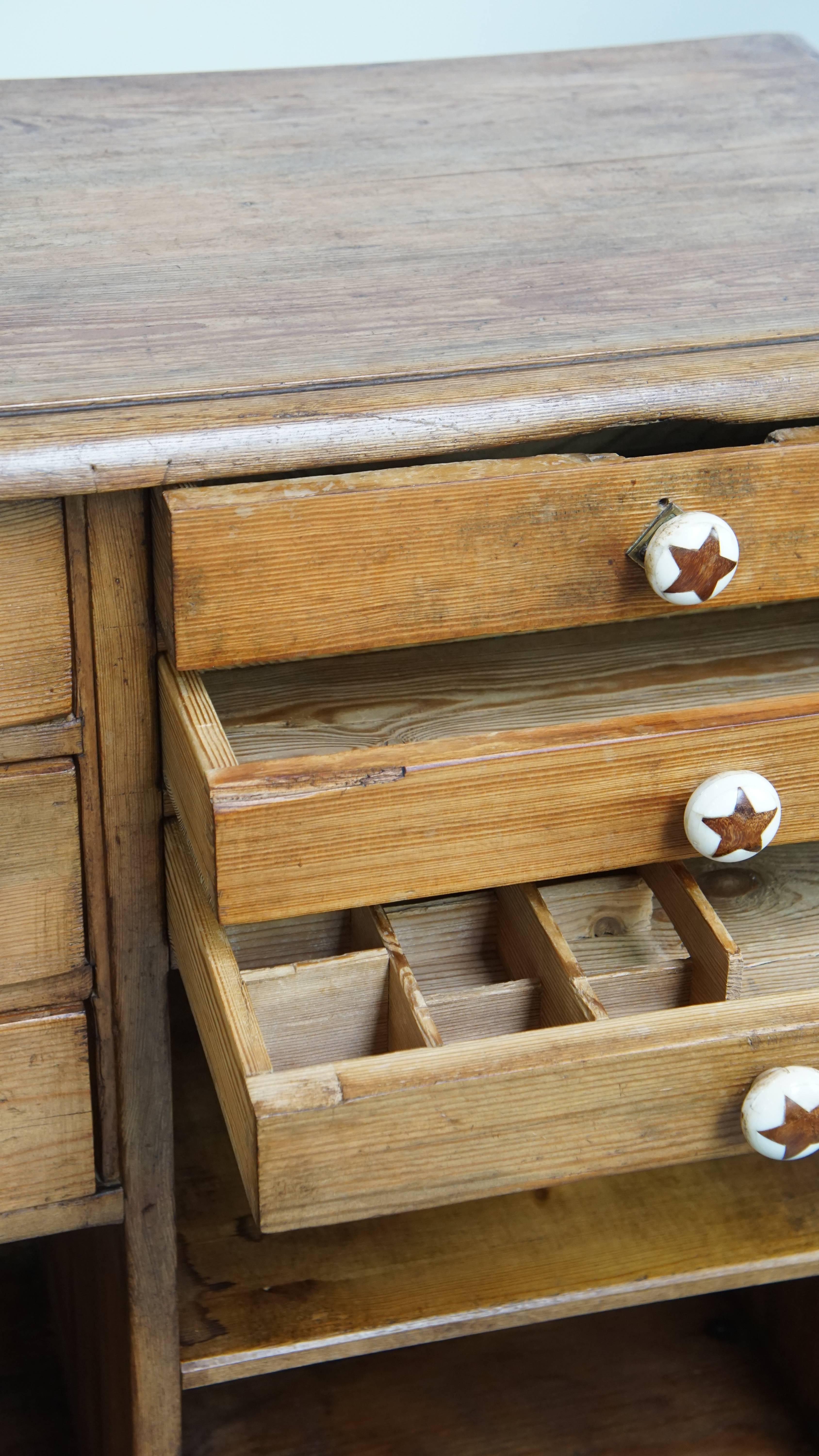 Long Antique Pine Wood Counter / Sideboard with 16 Drawers For Sale 3