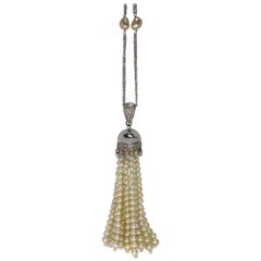 Long Antique Style Sautoir Pearl and diamond Necklace