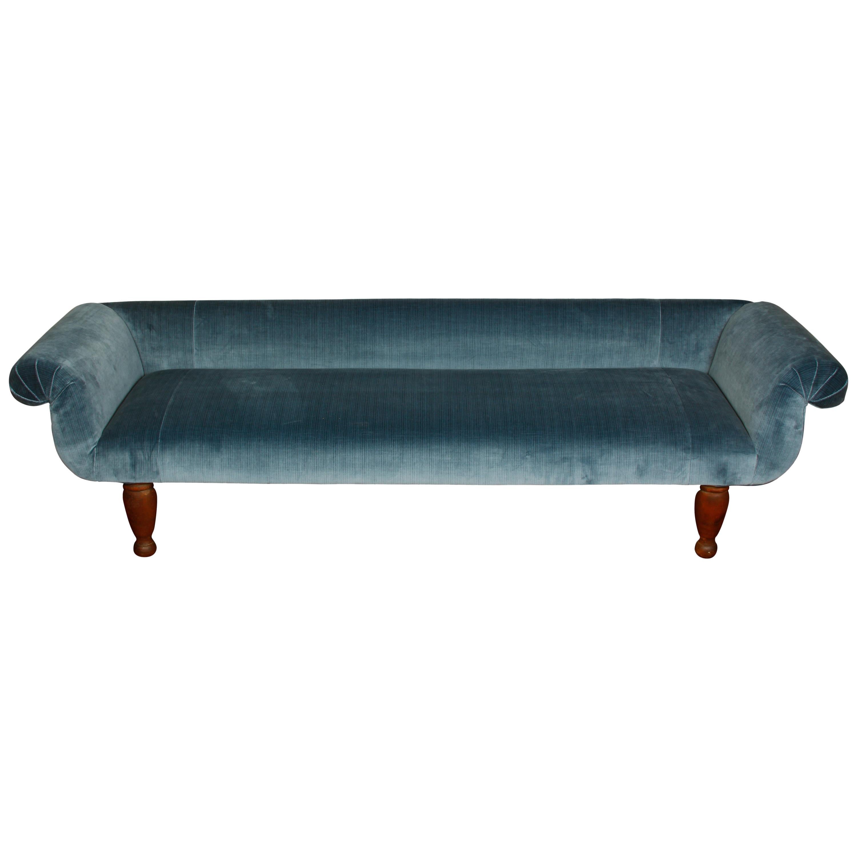 Long Antique Sofa in Strie Blue Velvet at 1stDibs