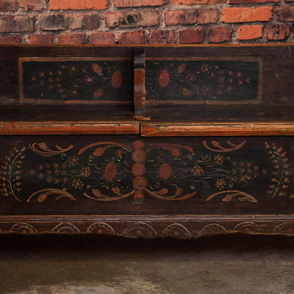 20th Century Long Antique Storage Bench with Original Folk Art Paint