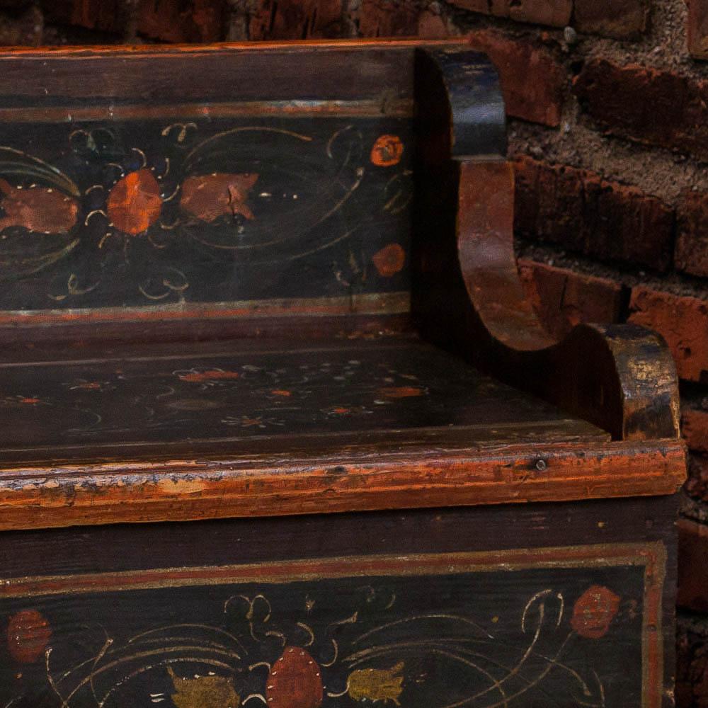 Long Antique Storage Bench with Original Folk Art Paint 1