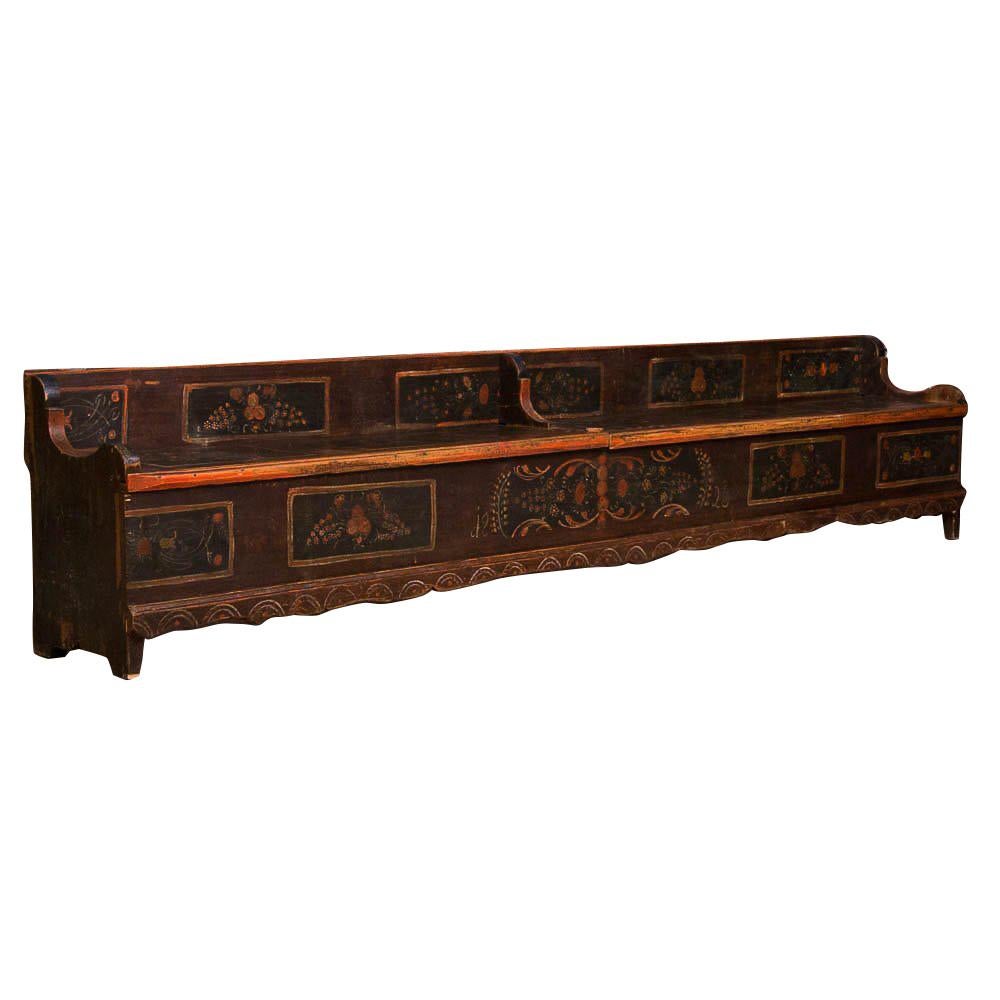 Long Antique Storage Bench with Original Folk Art Paint