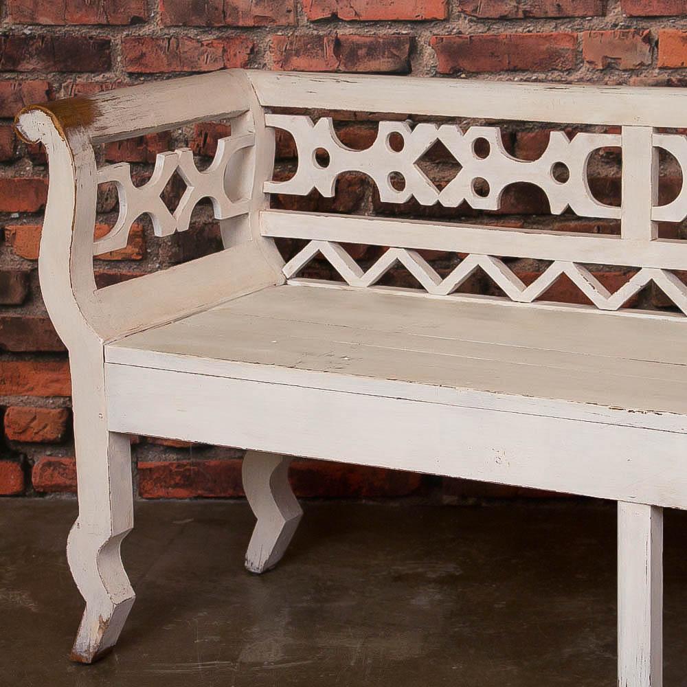 Long Antique Swedish Bench with White Paint In Good Condition In Round Top, TX