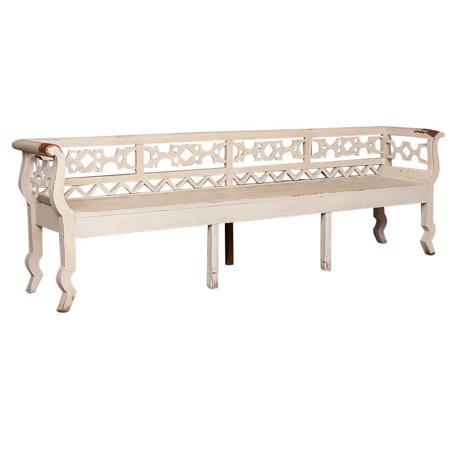Long Antique Swedish Bench with White Paint