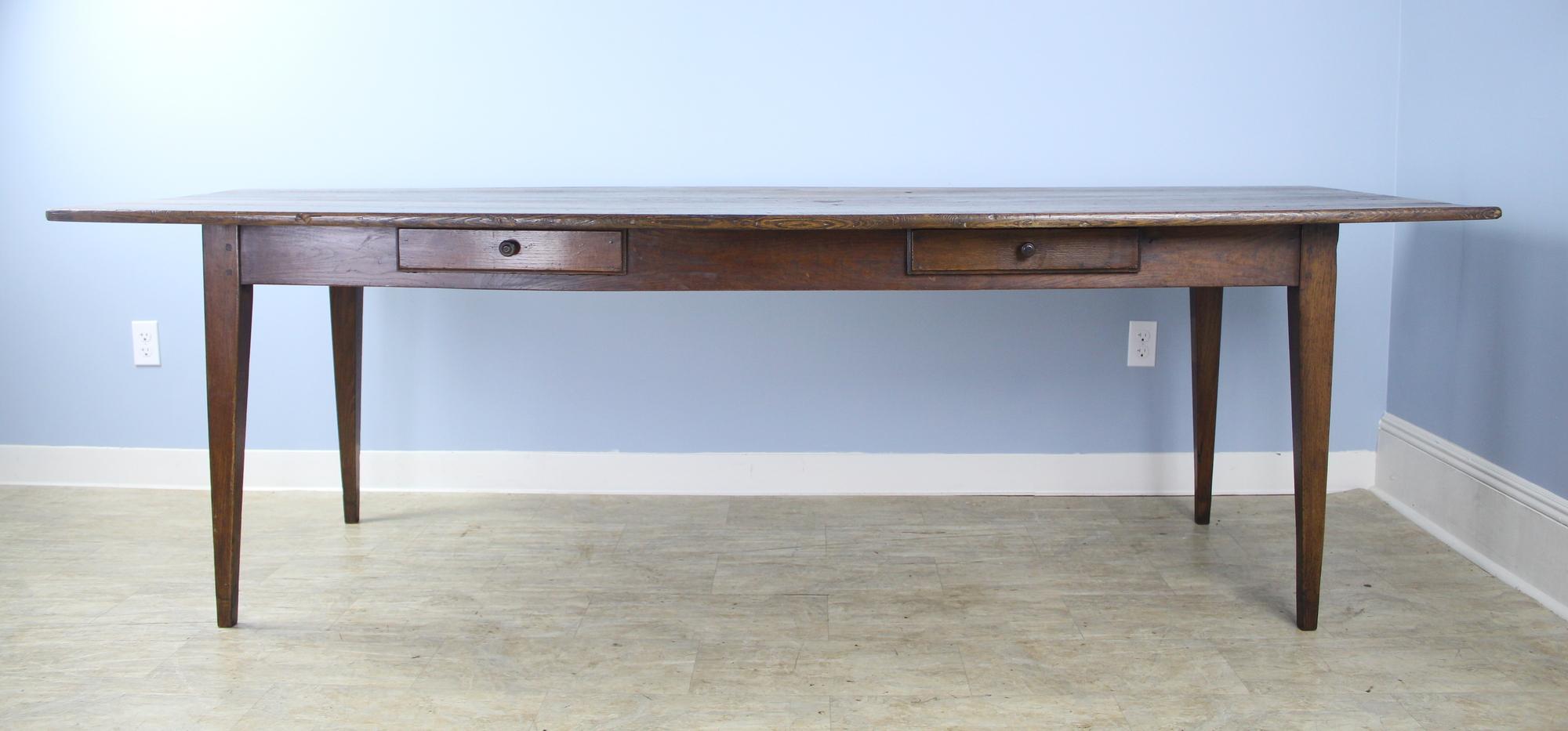 French Long Antique Two-Drawer Chestnut Farm Table