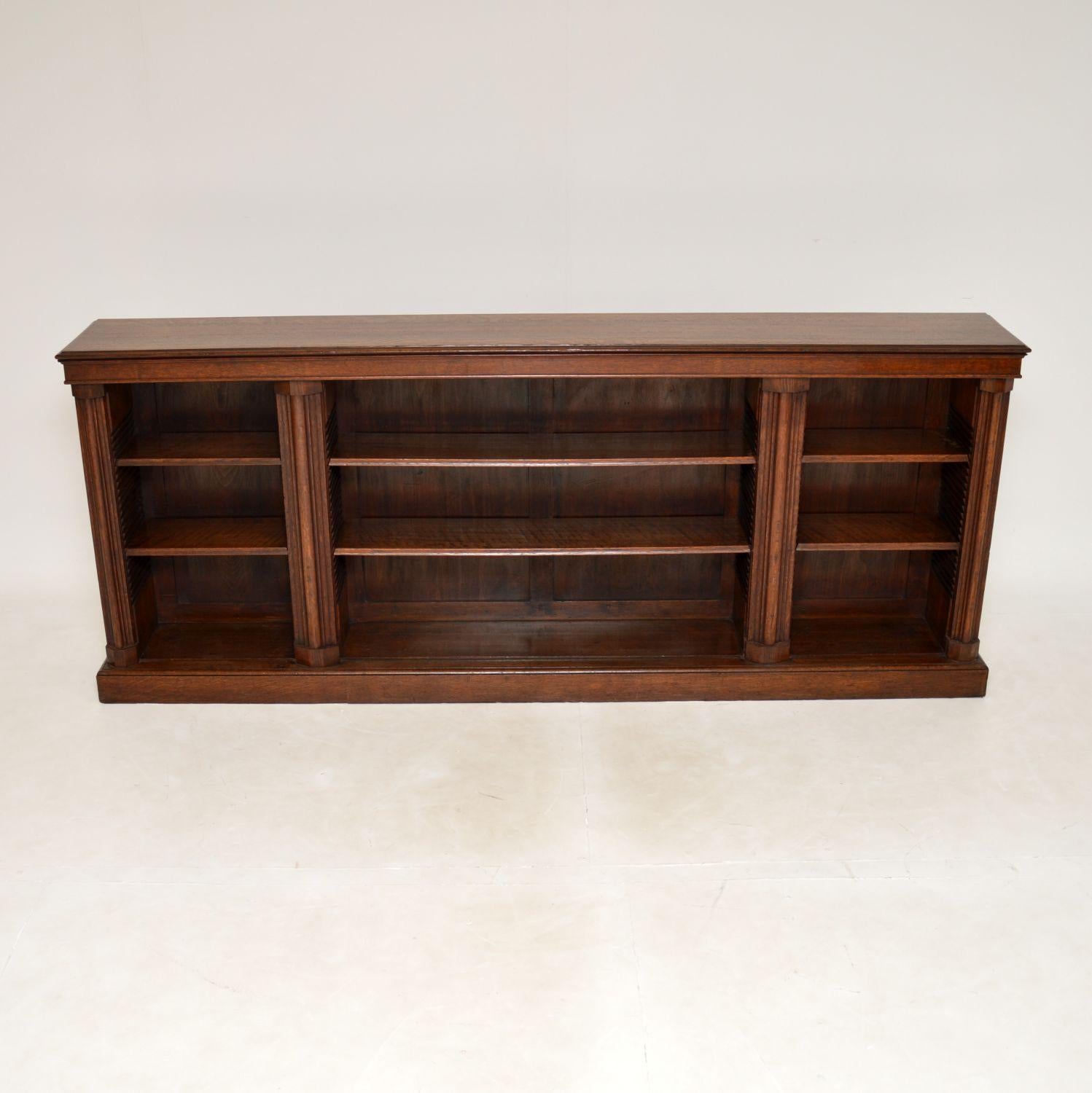 English Long Antique Victorian Solid Oak Open Bookcase