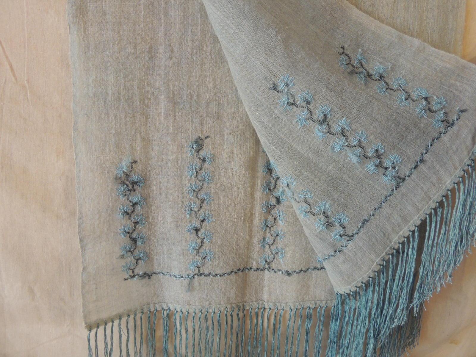 Moorish Long Aqua Embroidered Camel Hair Scarf with Long Fringes