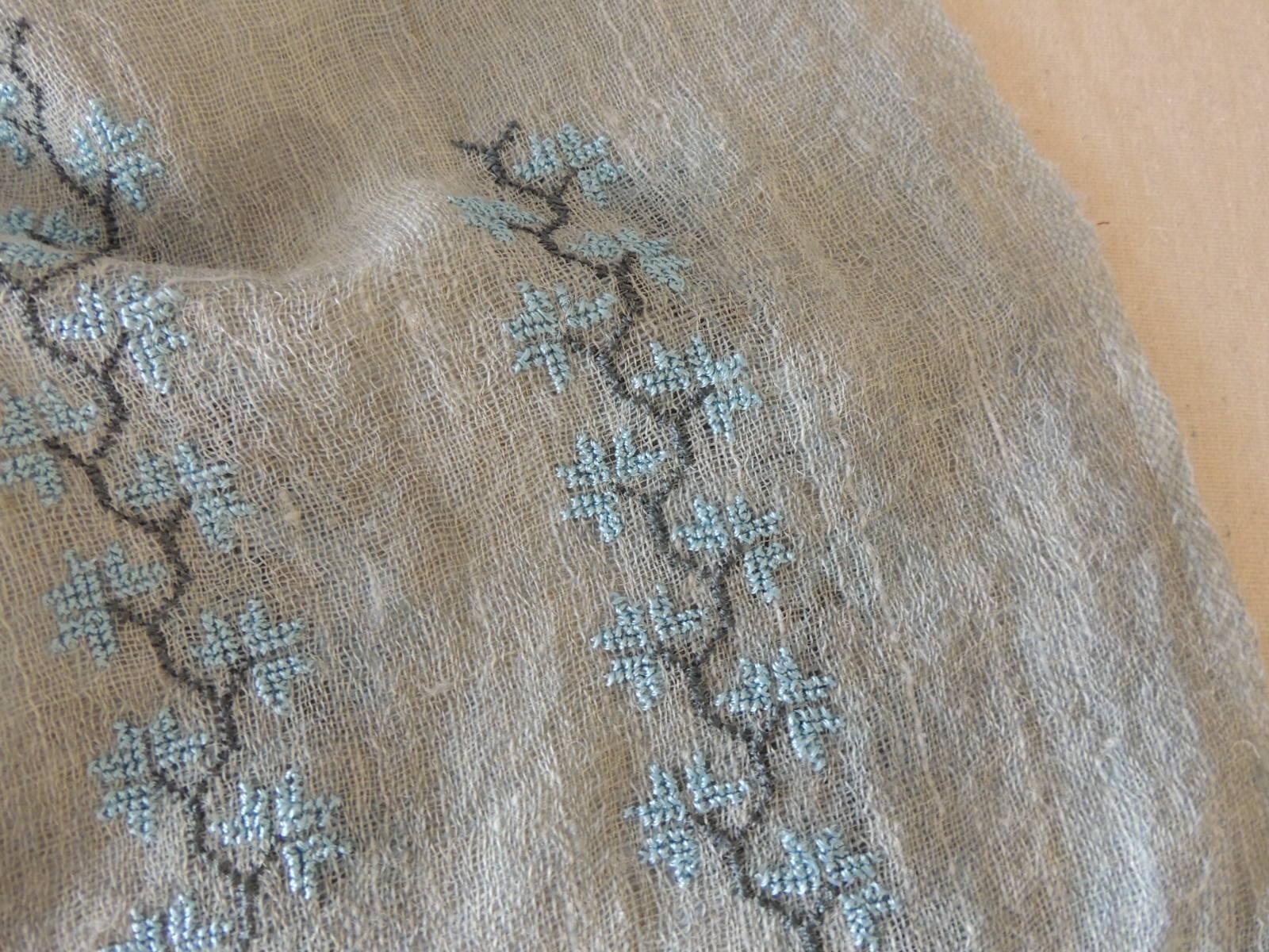 Asian Long Aqua Embroidered Camel Hair Scarf with Long Fringes