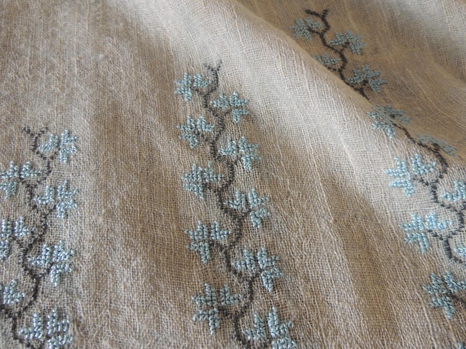 Hand-Crafted Long Aqua Embroidered Camel Hair Scarf with Long Fringes