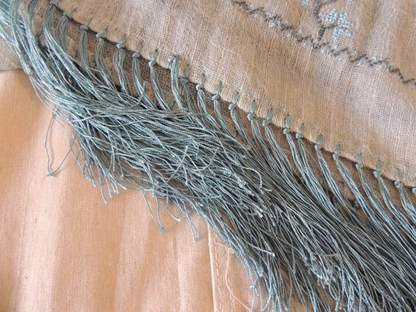 Long Aqua Embroidered Camel Hair Scarf with Long Fringes In Good Condition In Oakland Park, FL