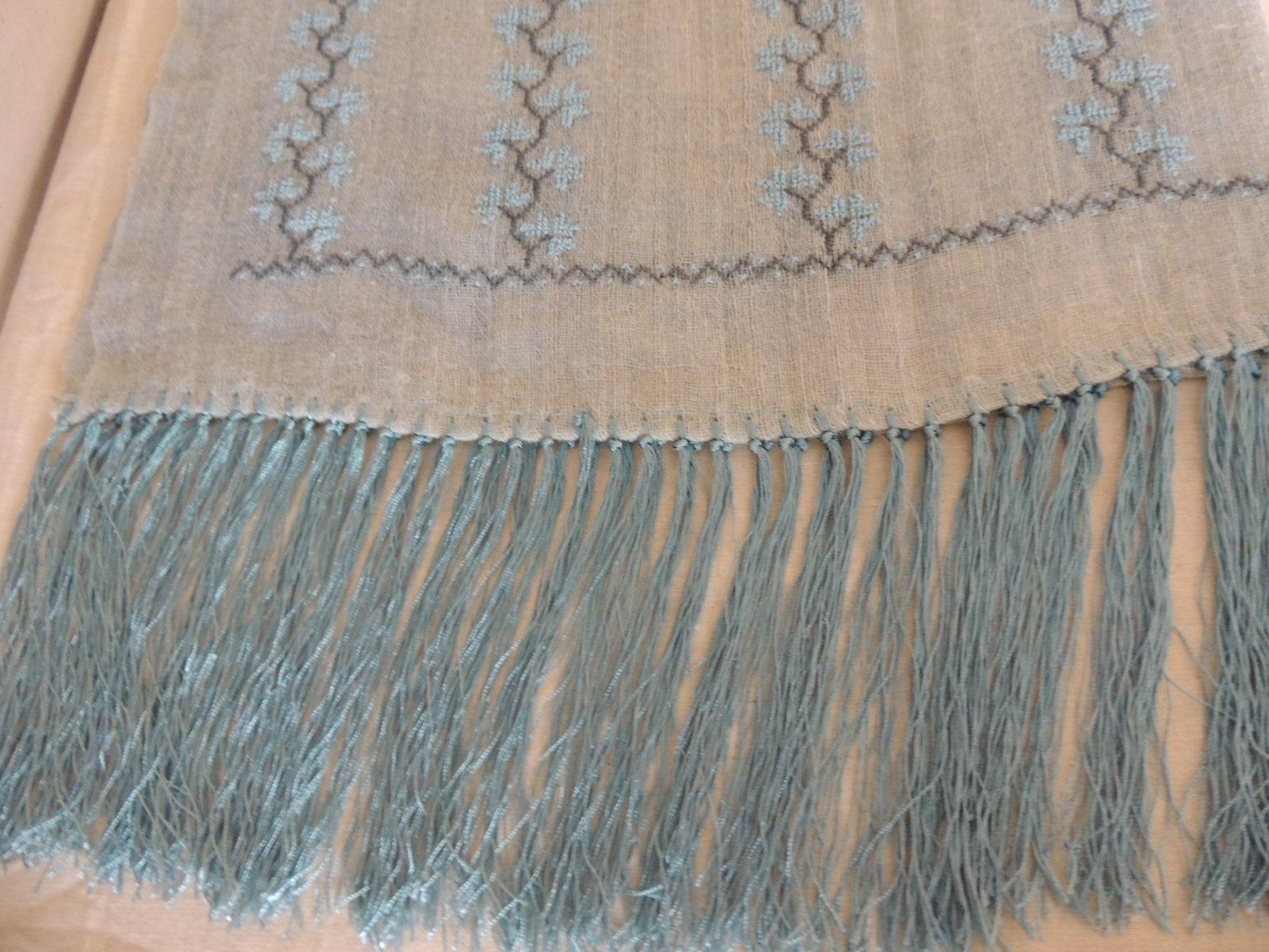 20th Century Long Aqua Embroidered Camel Hair Scarf with Long Fringes