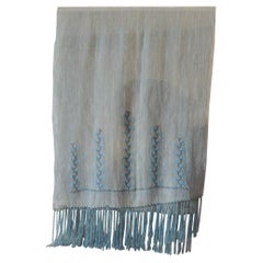 Long Aqua Embroidered Camel Hair Scarf with Long Fringes