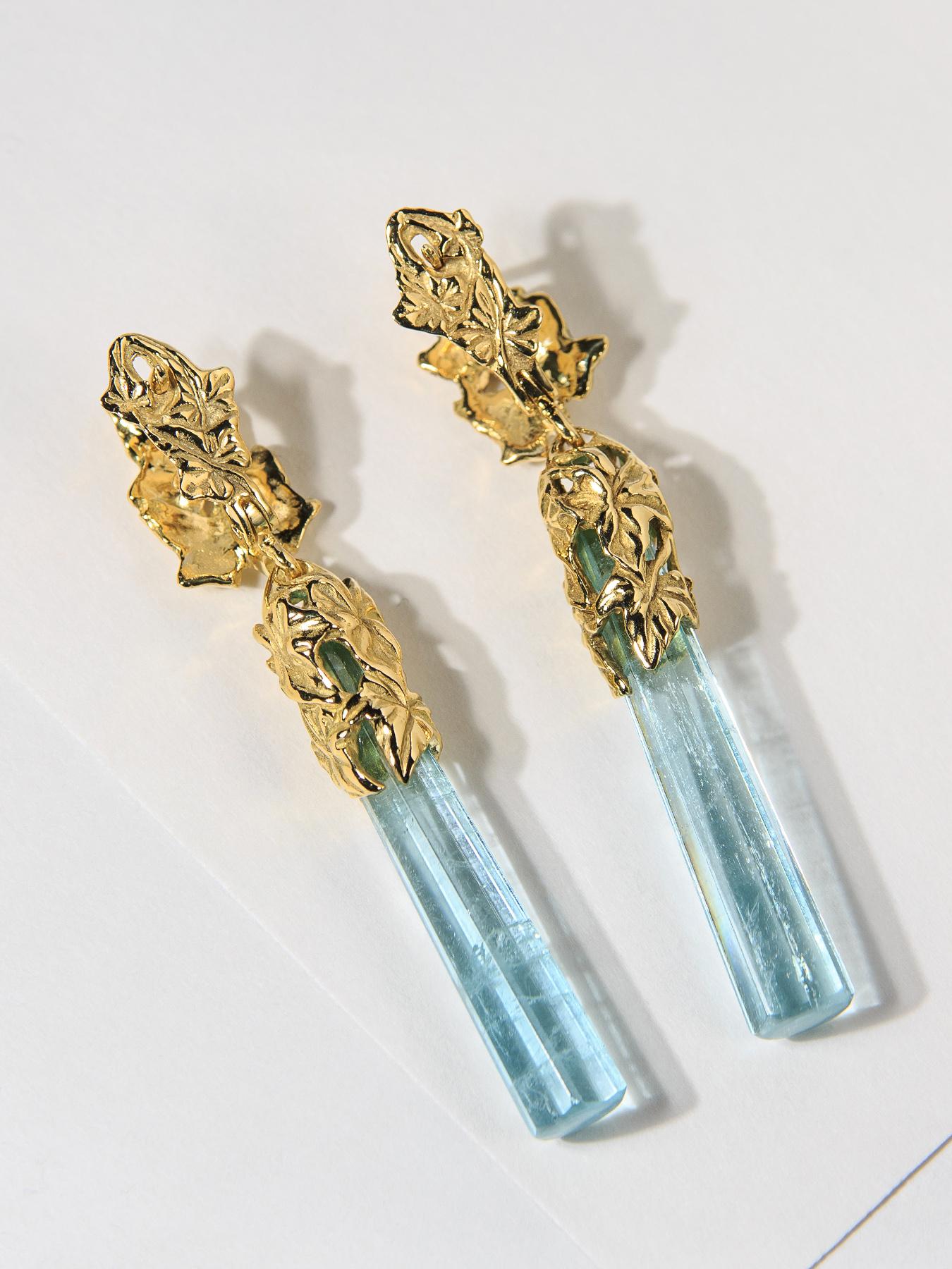 Long Aquamarine Gold Earrings Ivy Art Nouveau Style Blue Beryl For Sale 5