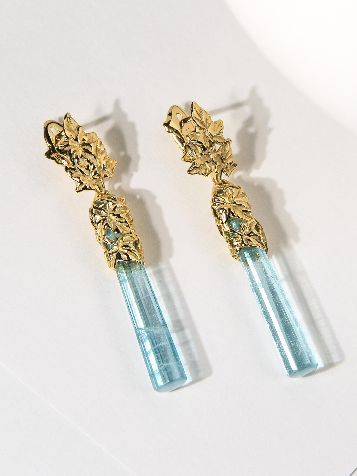 Uncut Long Aquamarine Gold Earrings Ivy Art Nouveau Style Blue Beryl For Sale