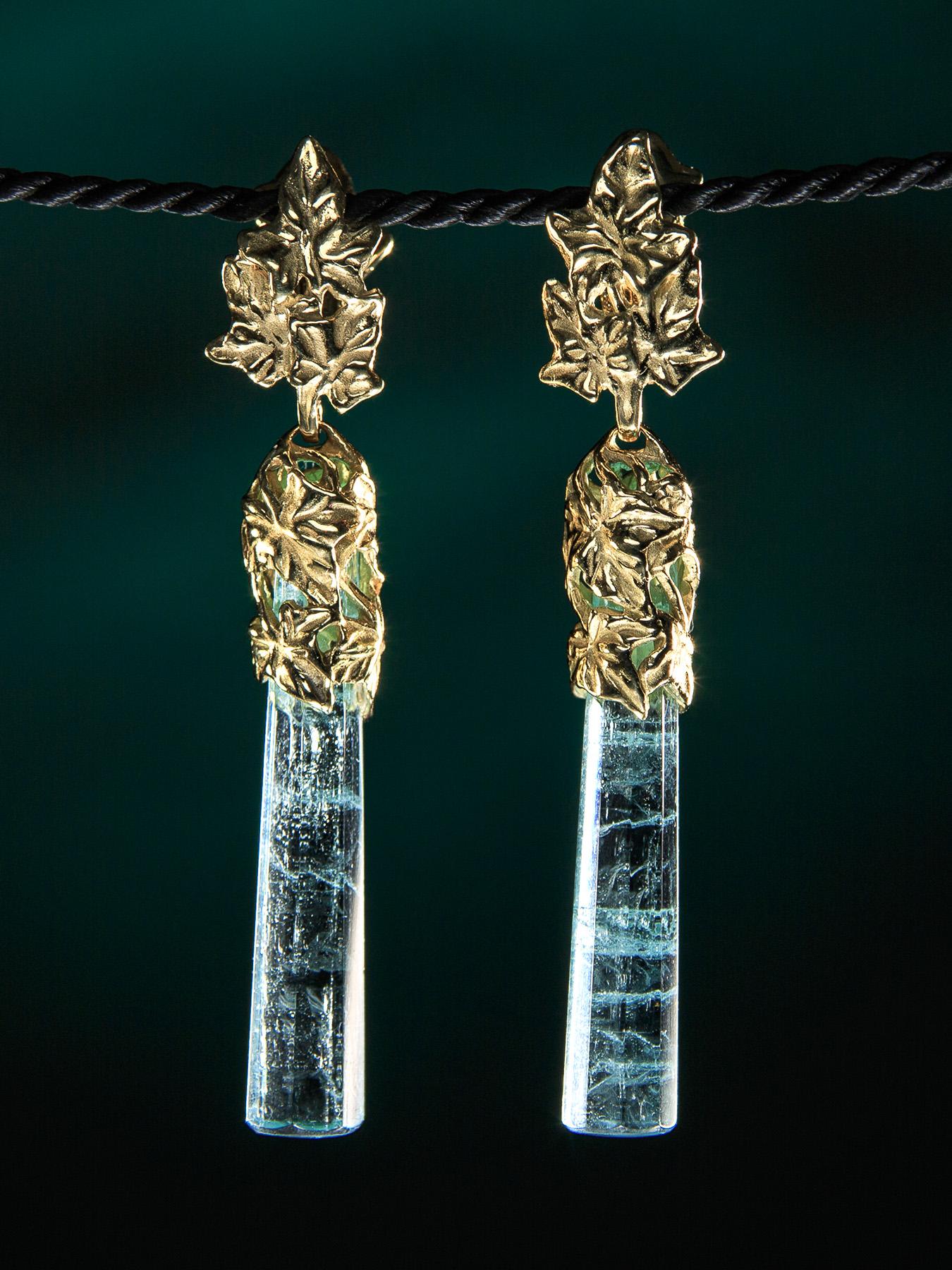 Long Aquamarine Gold Earrings Ivy Art Nouveau Style Blue Beryl For Sale 3