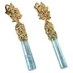 Lange Aquamarin-Ohrringe in Gold mit Efeu im Jugendstil, blauer Beryll