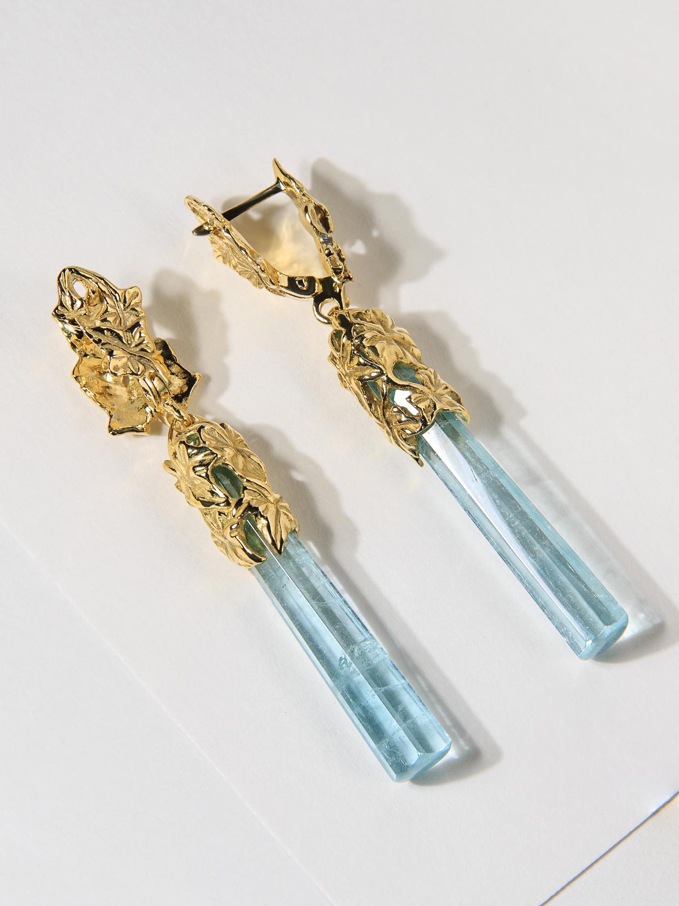 Women's or Men's Long Aquamarine Gold Earrings Ivy Greek Goddess Style Blue Beryl For Sale