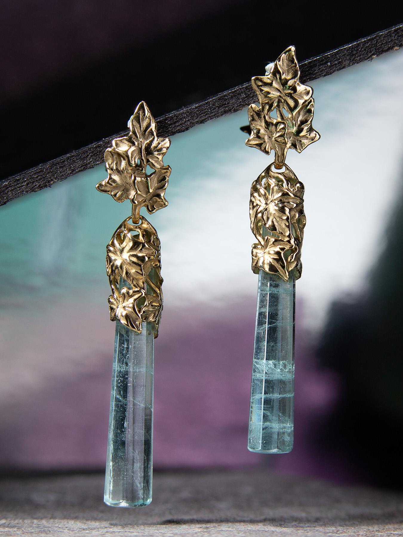 Uncut Long Aquamarine Gold Earrings Ivy Greek Goddess Style Blue Beryl For Sale