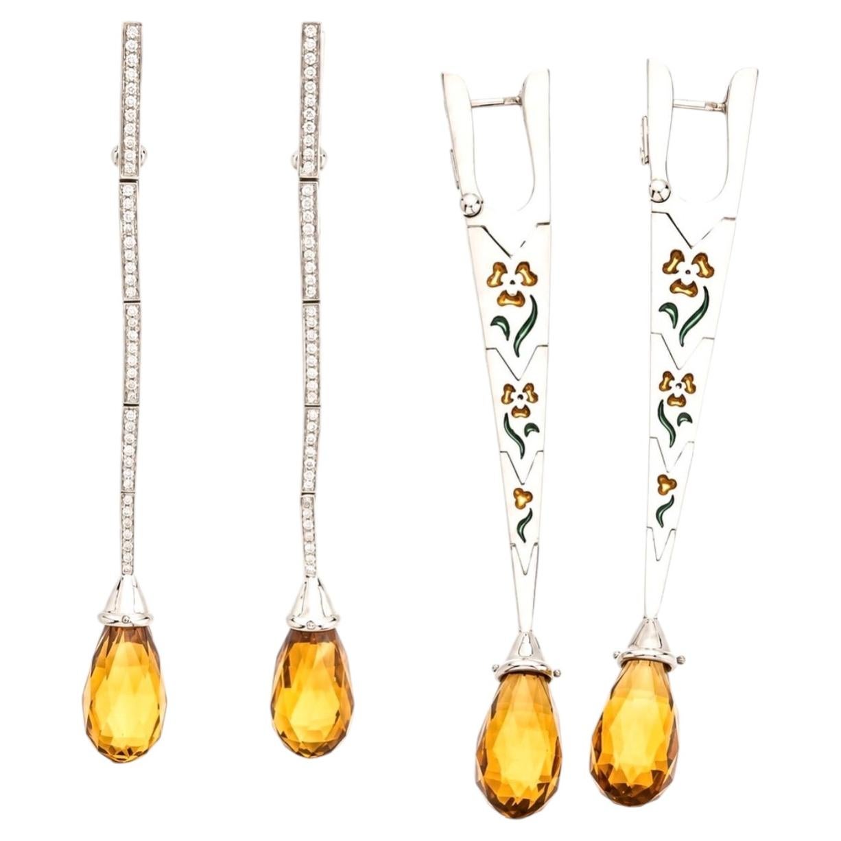 Long Vintage Earrings 18K Gold Citrine Briolette Diamond Enamel Drop circa 1980 For Sale