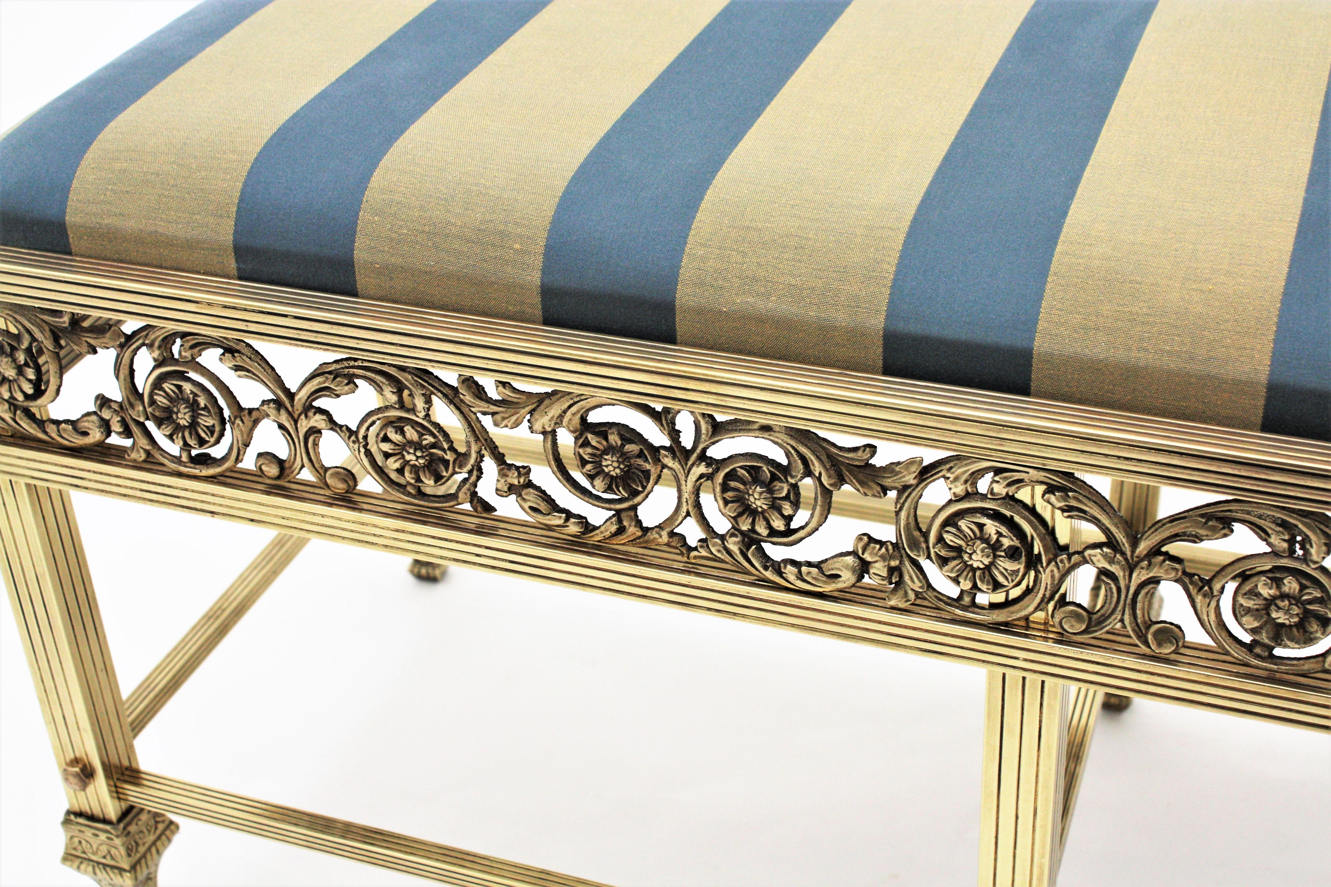 French Brass Long Bench Upholstered in Striped Silk Fabric, 1940s For Sale 5