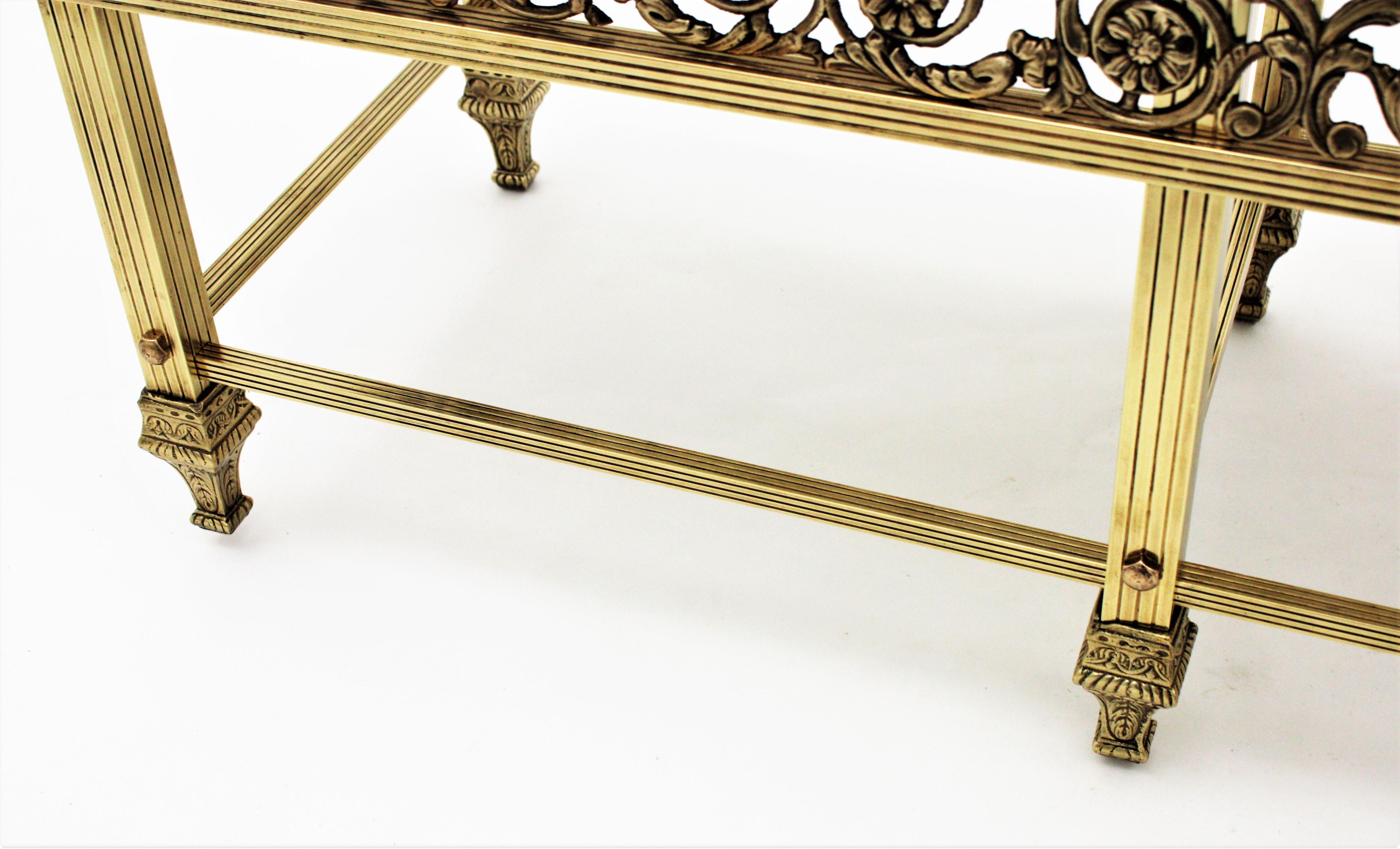 French Brass Long Bench Upholstered in Striped Silk Fabric, 1940s For Sale 6