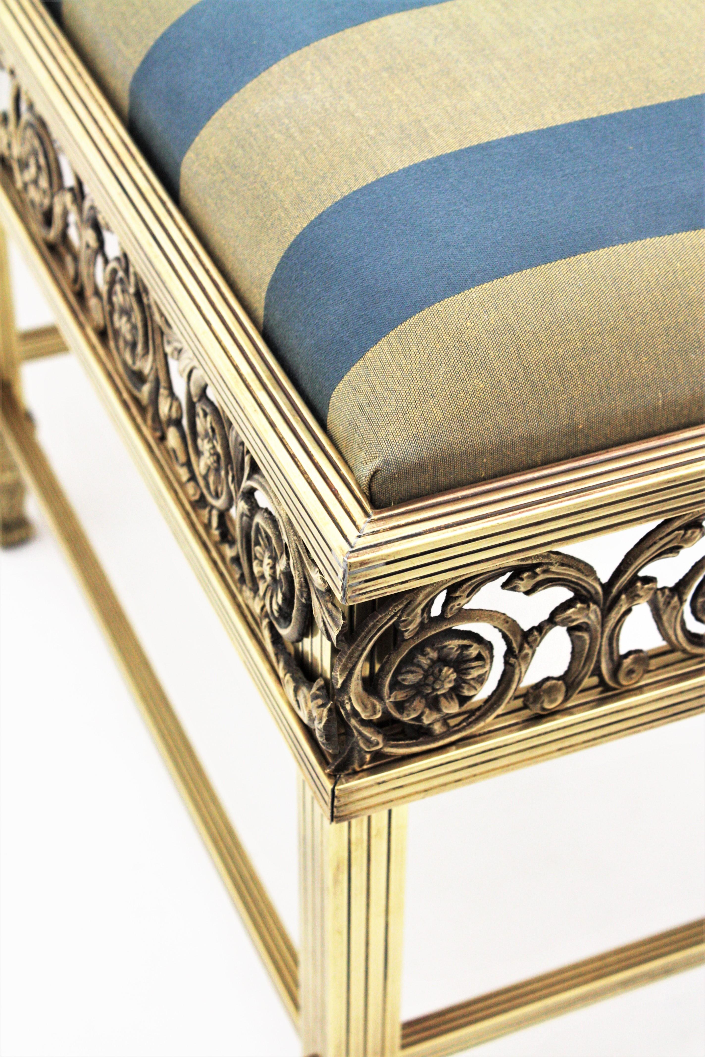 Polished French Brass Long Bench Upholstered in Striped Silk Fabric, 1940s For Sale