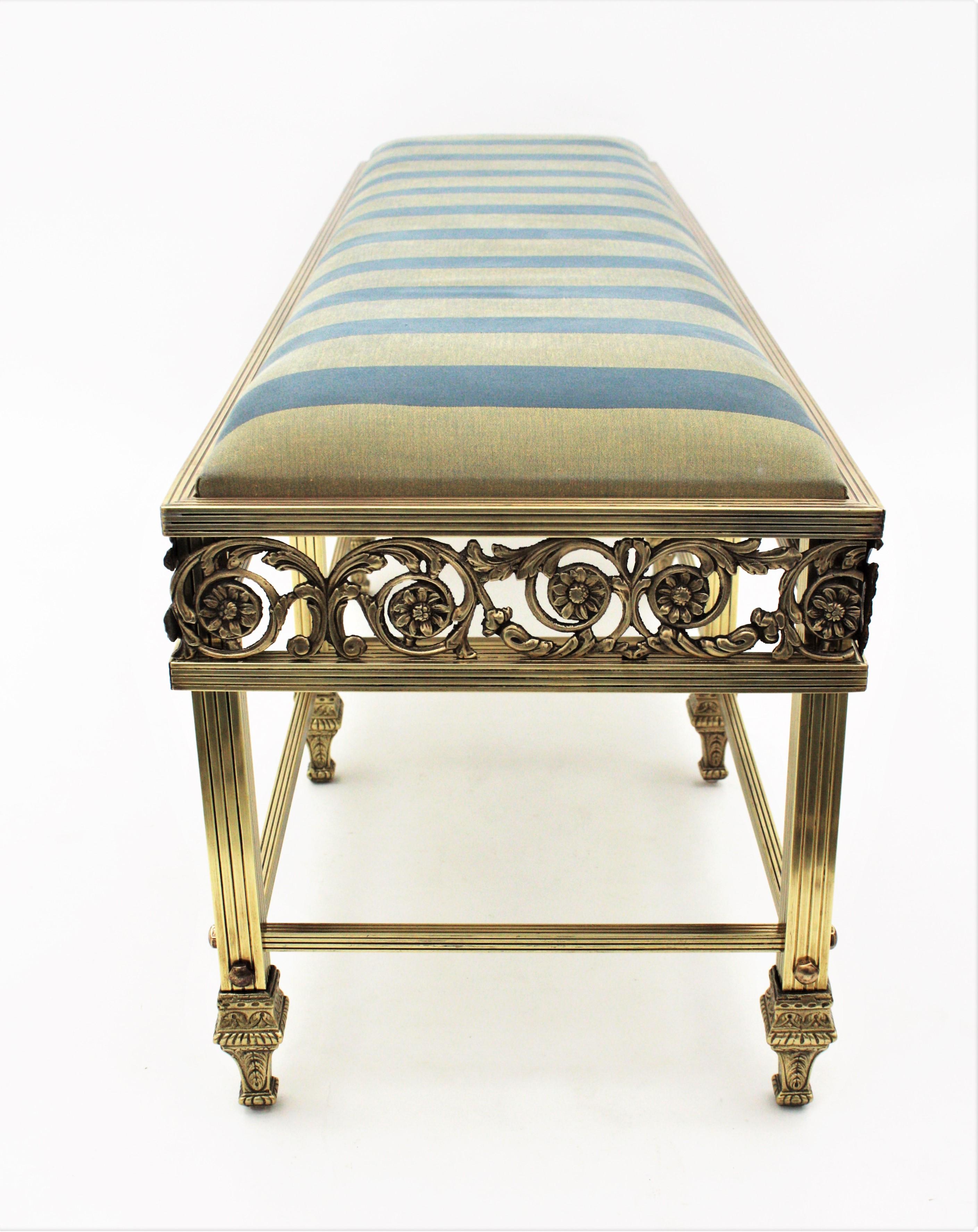 French Brass Long Bench Upholstered in Striped Silk Fabric, 1940s For Sale 2