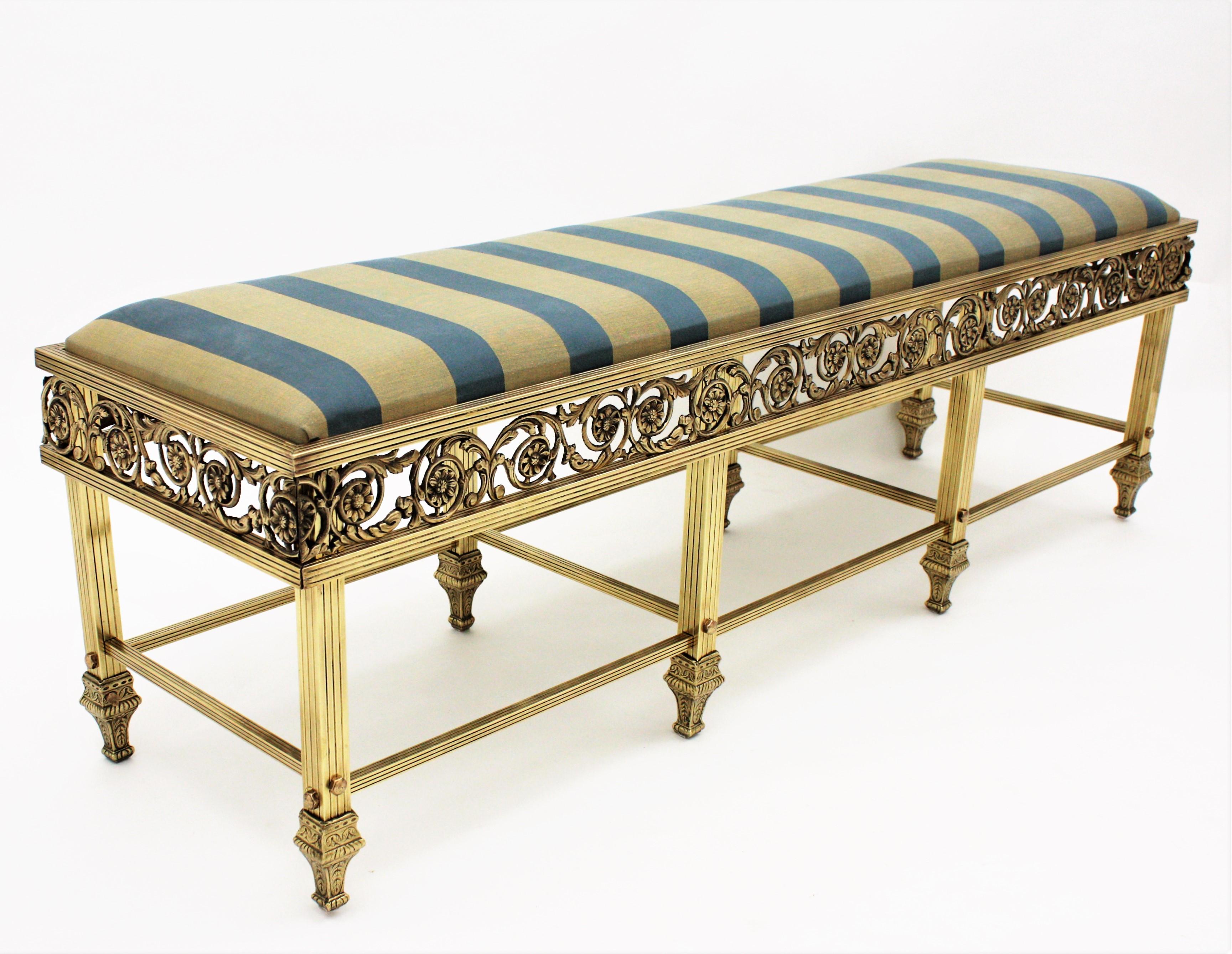 French Brass Long Bench Upholstered in Striped Silk Fabric, 1940s For Sale 4