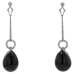 Long Art Deco Black Onyx Diamond Drop Earrings