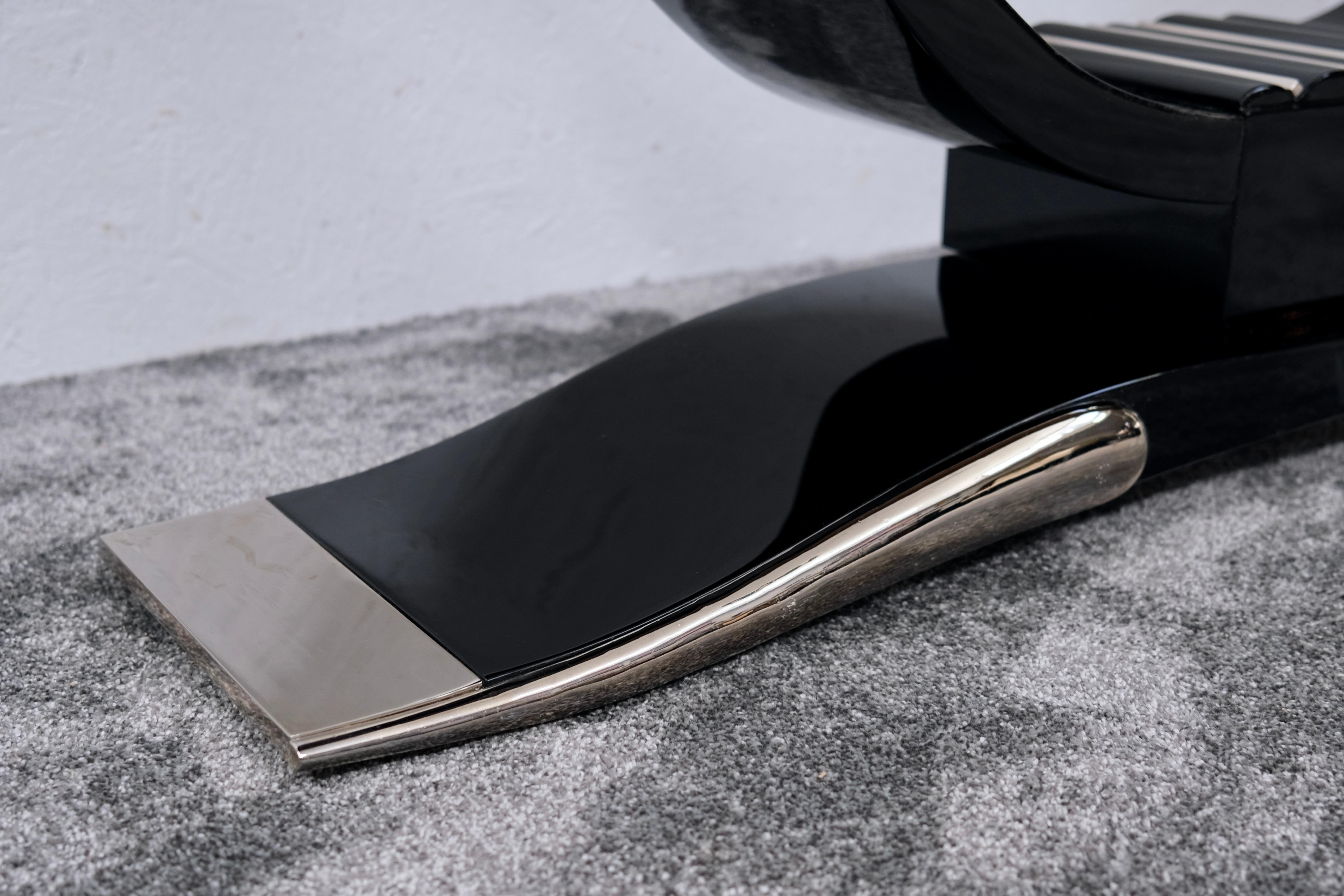 Beech Long Art Deco Console Table in Black Lacquer with Curved Base and Nickel Accents For Sale