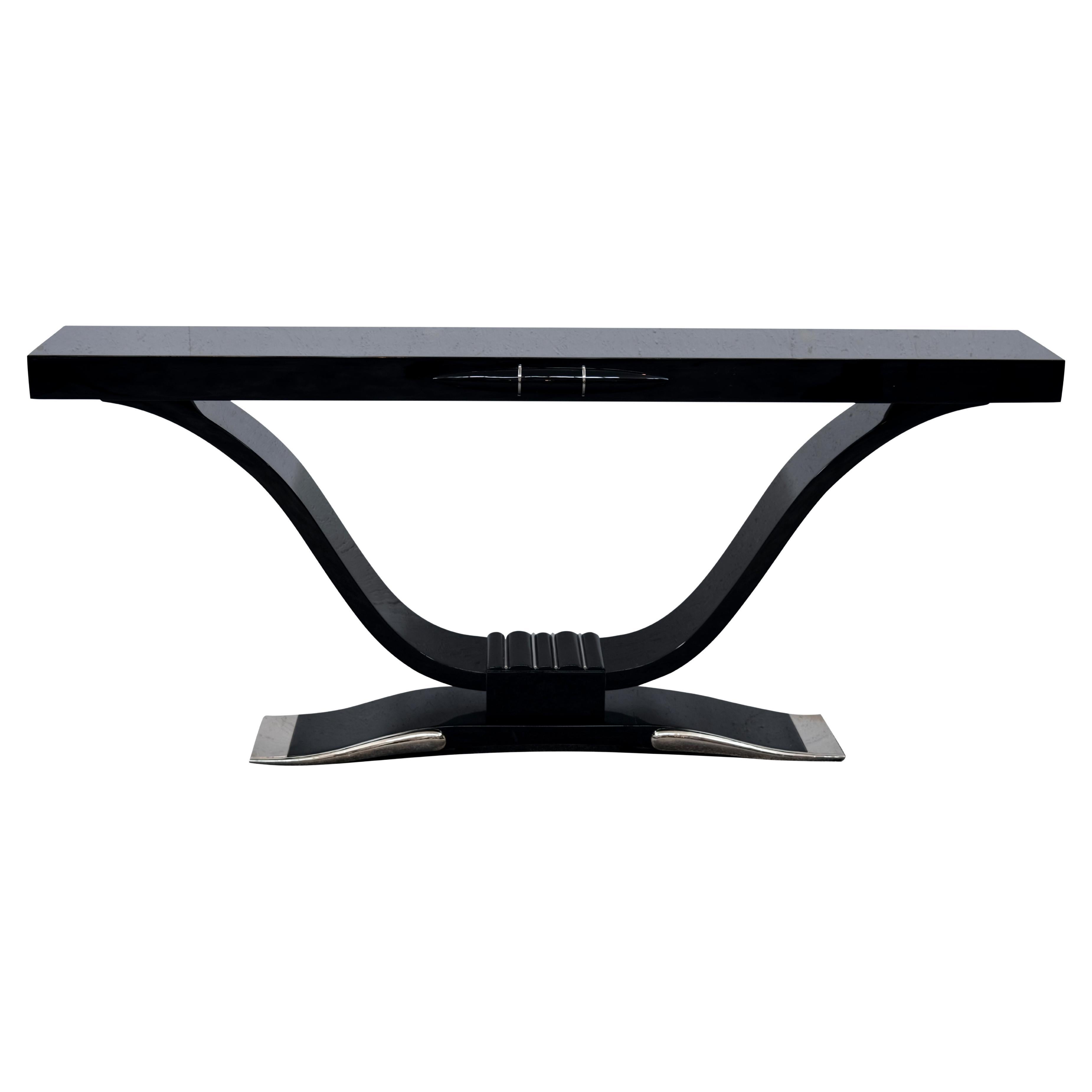 Long Art Deco Console Table in Black Lacquer with Curved Base and Nickel Accents For Sale
