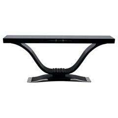 Long Art Deco Console Table in Black Lacquer with Curved Base and Nickel Accents