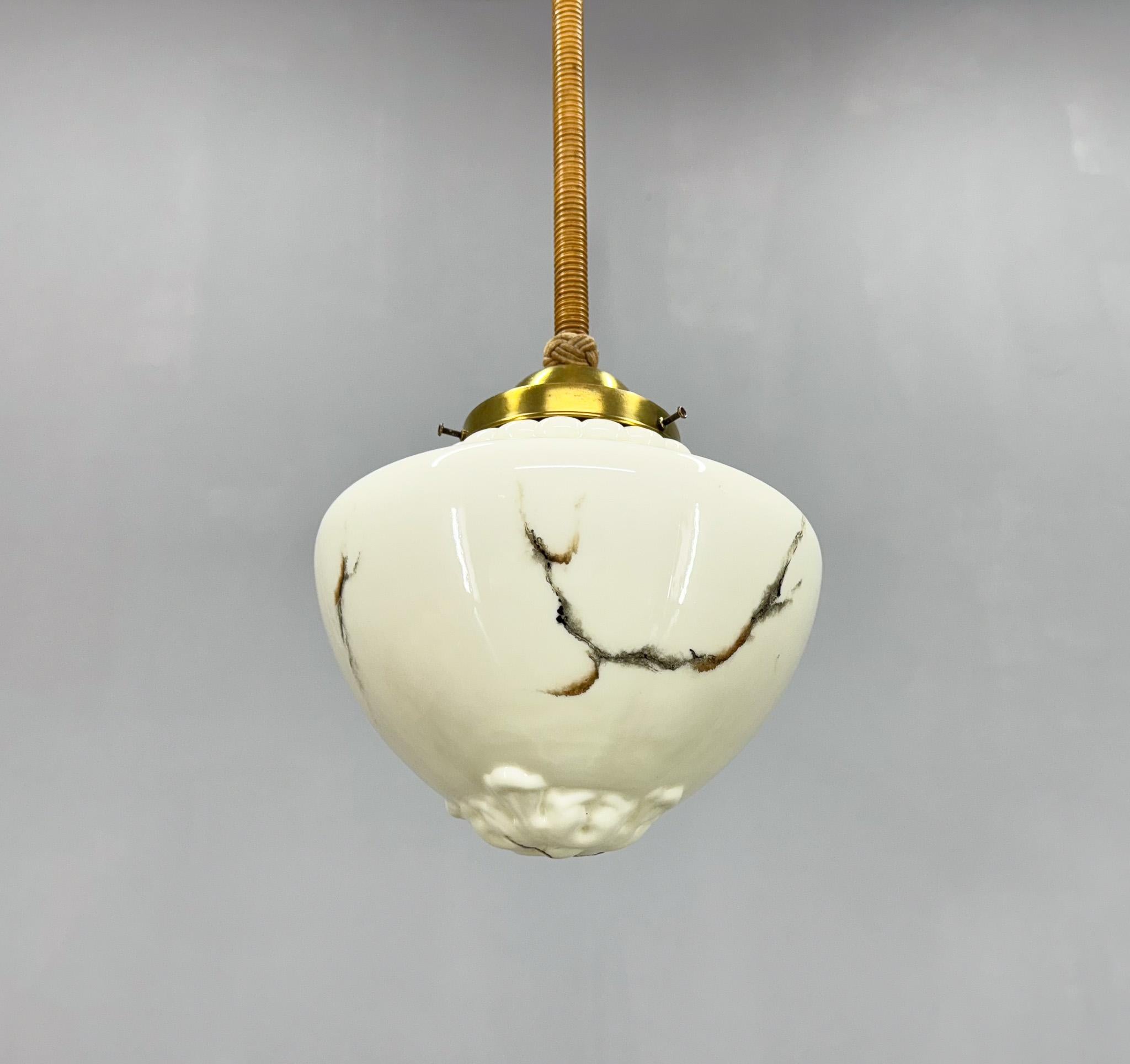 Long Art Deco Marble Glass & Brass Pendant Light, Germany 1930's, Restored In Good Condition For Sale In Praha, CZ