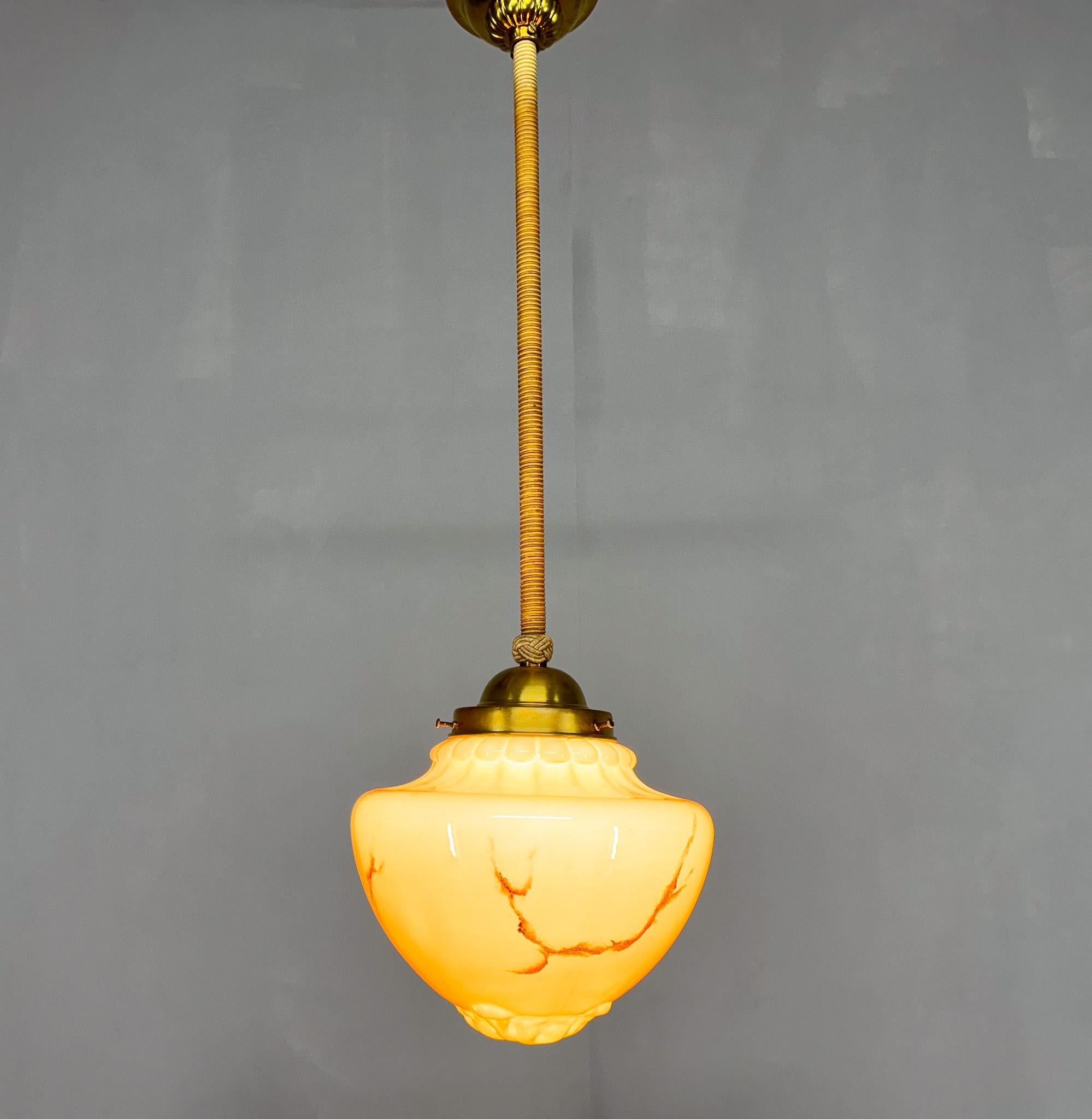20th Century Long Art Deco Marble Glass & Brass Pendant Light, Germany 1930's, Restored For Sale