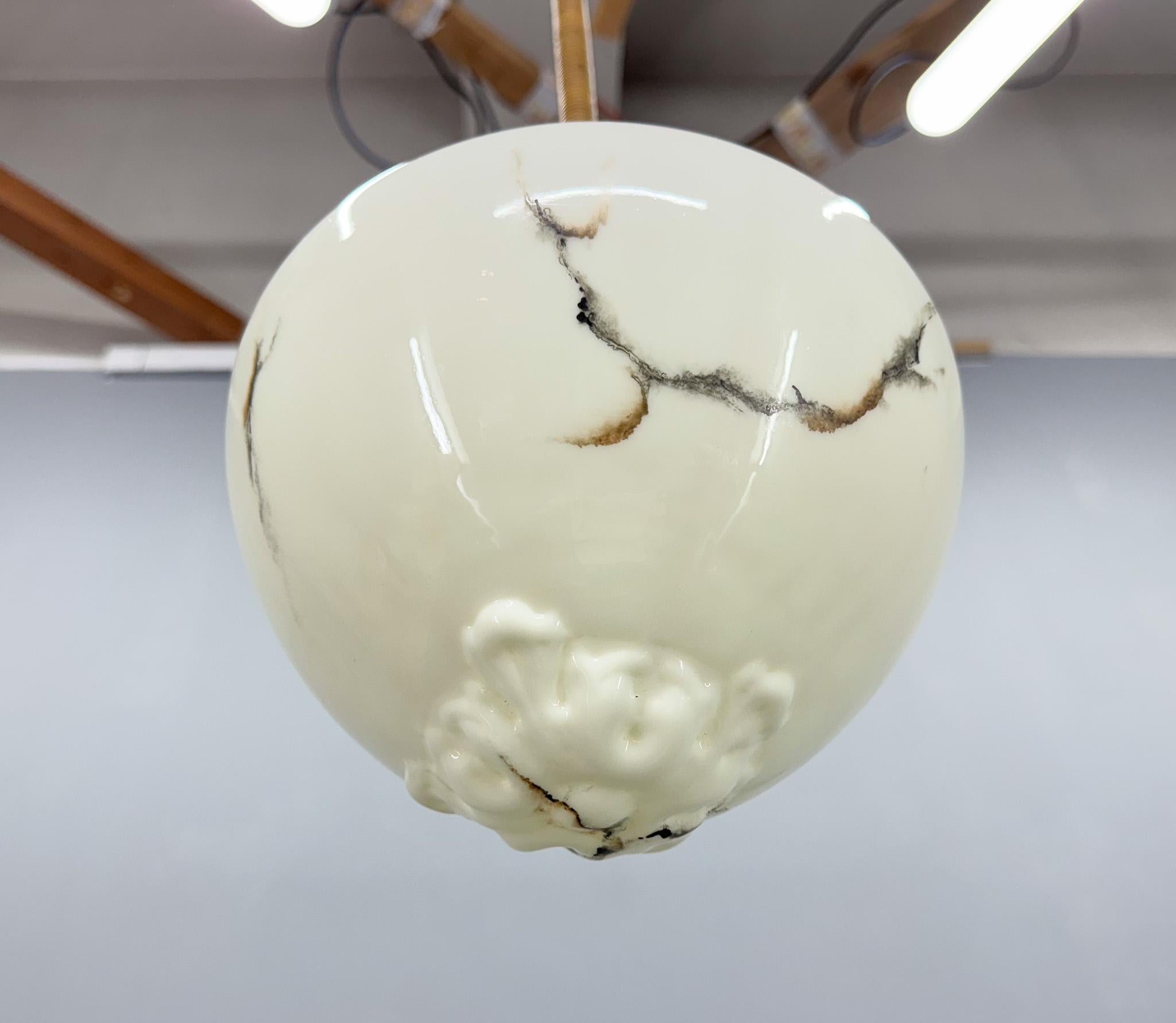 Long Art Deco Marble Glass & Brass Pendant Light, Germany 1930's, Restored For Sale 1