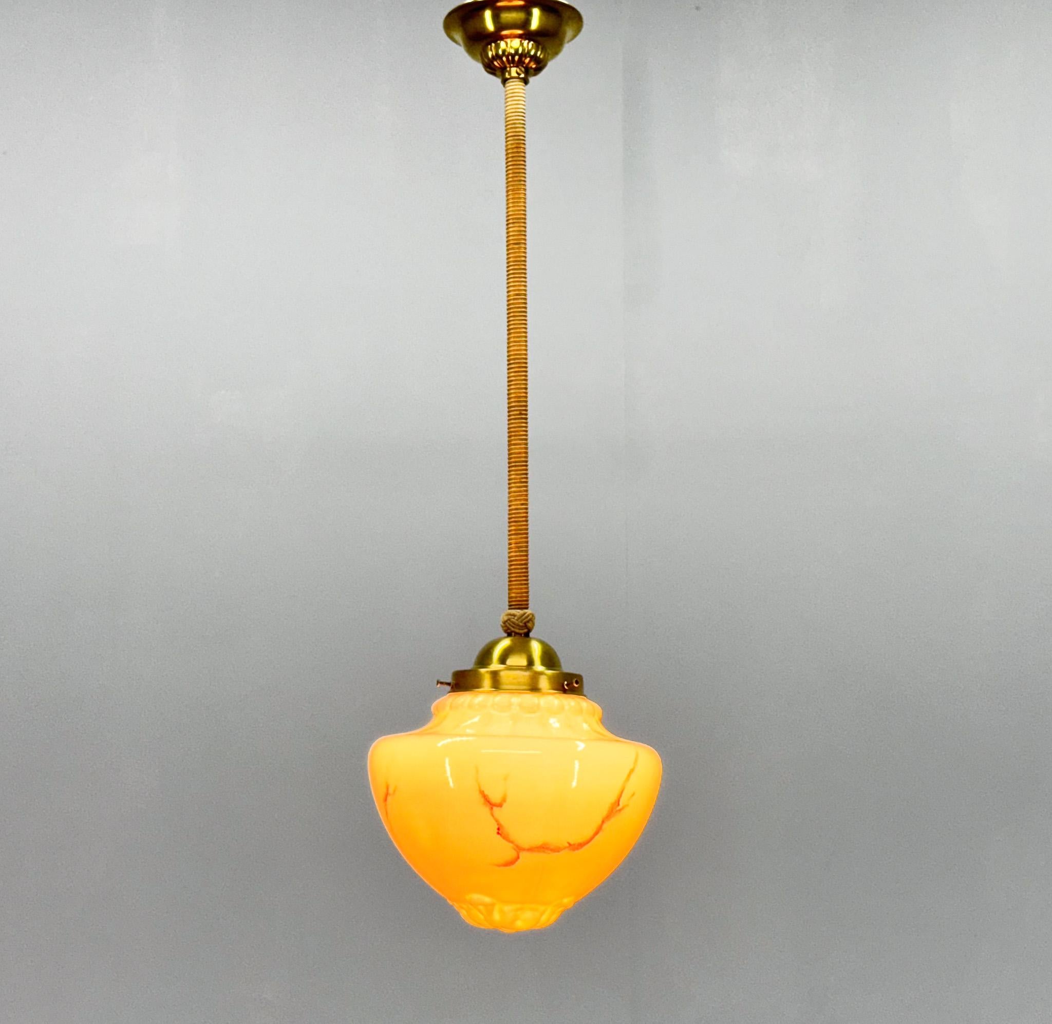 Long Art Deco Marble Glass & Brass Pendant Light, Germany 1930's, Restored For Sale 2