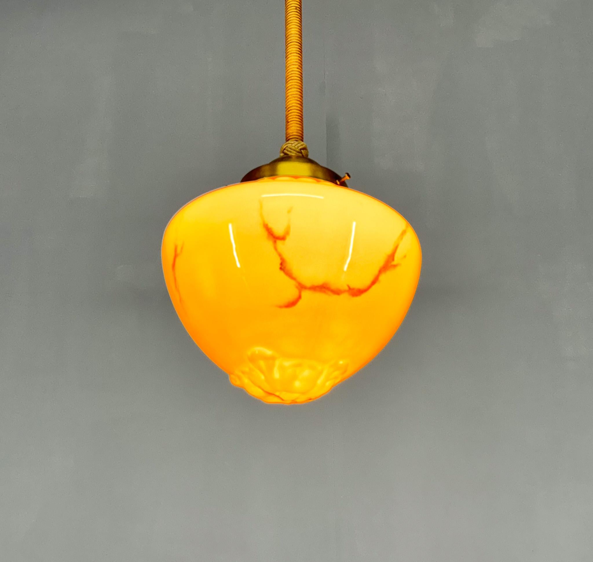 Long Art Deco Marble Glass & Brass Pendant Light, Germany 1930's, Restored For Sale 3