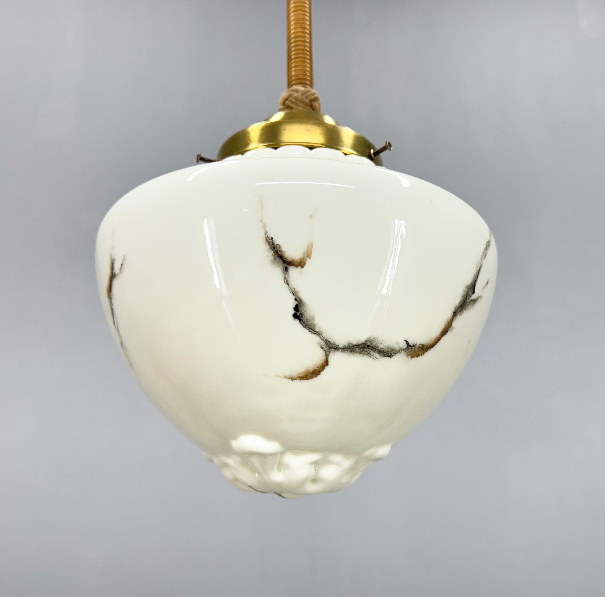 Long Art Deco Marble Glass & Brass Pendant Light, Germany 1930's, Restored For Sale 4