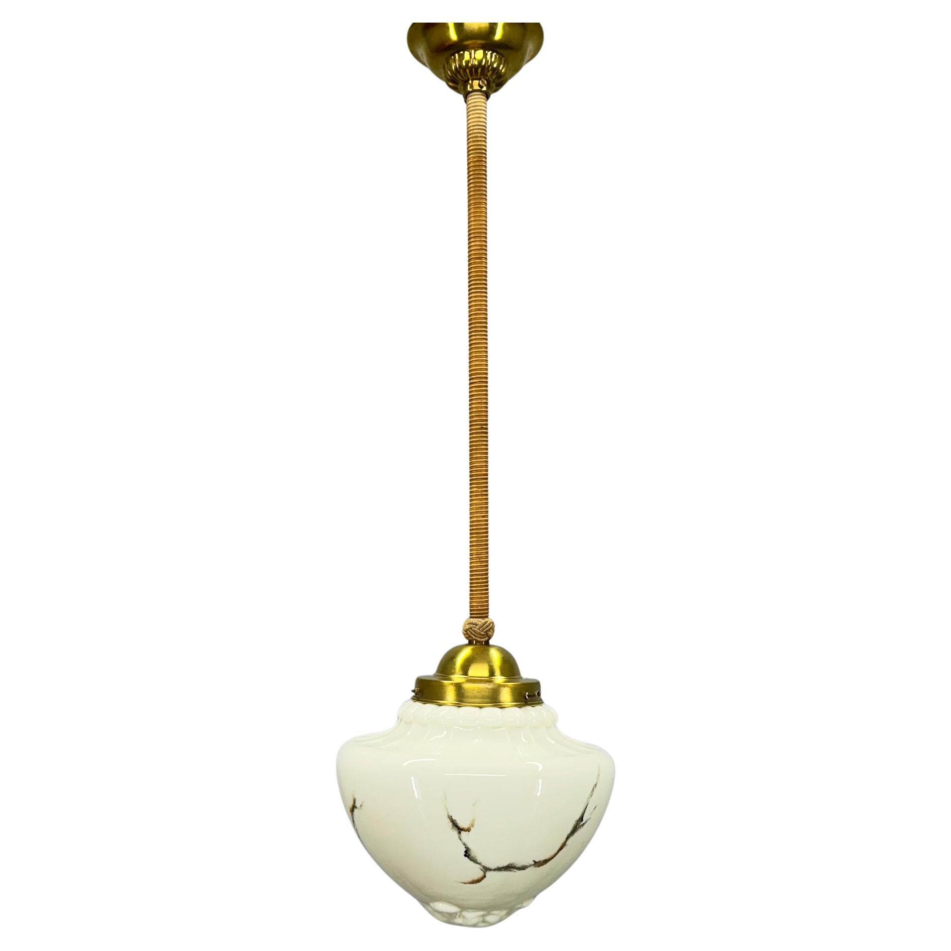 Long Art Deco Marble Glass & Brass Pendant Light, Germany 1930's, Restored For Sale