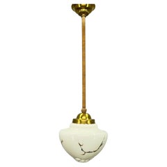 Antique Long Art Deco Marble Glass & Brass Pendant Light, Germany 1930's, Restored