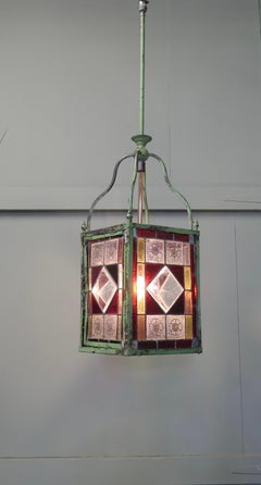 Long Arts and Crafts Stained Glass Hall Lantern